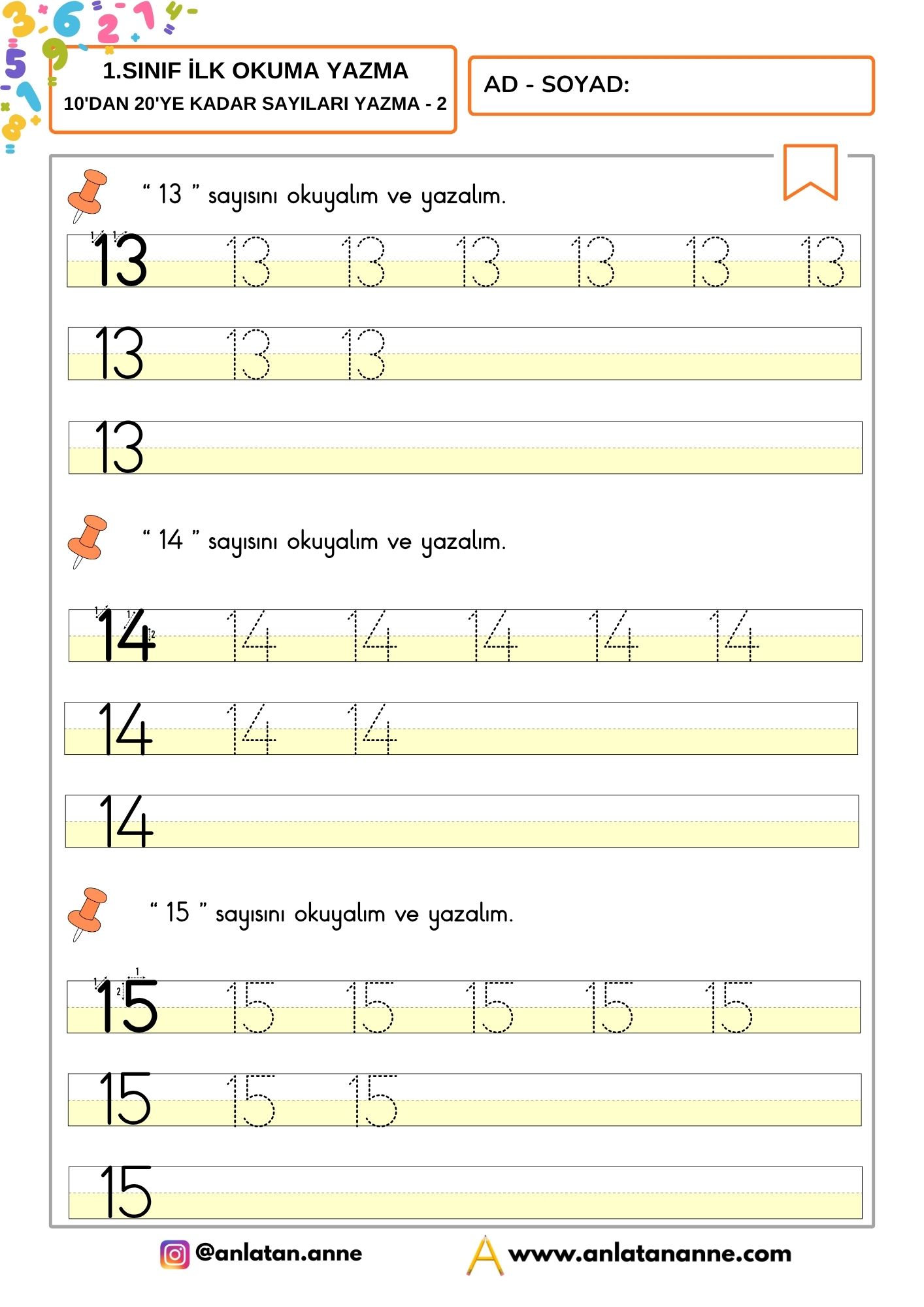 10dan 20ye kadar sayıları yazma çalışması