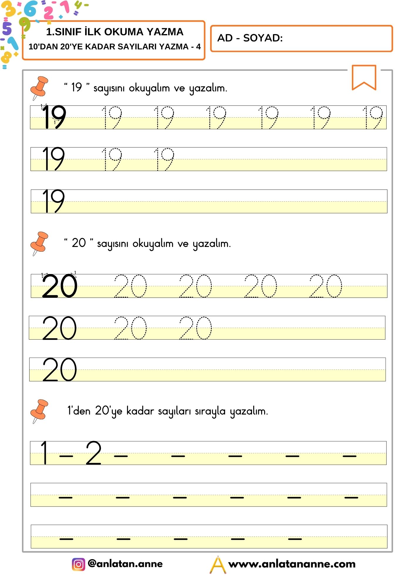 10dan 20ye kadar sayıları yazma çalışması