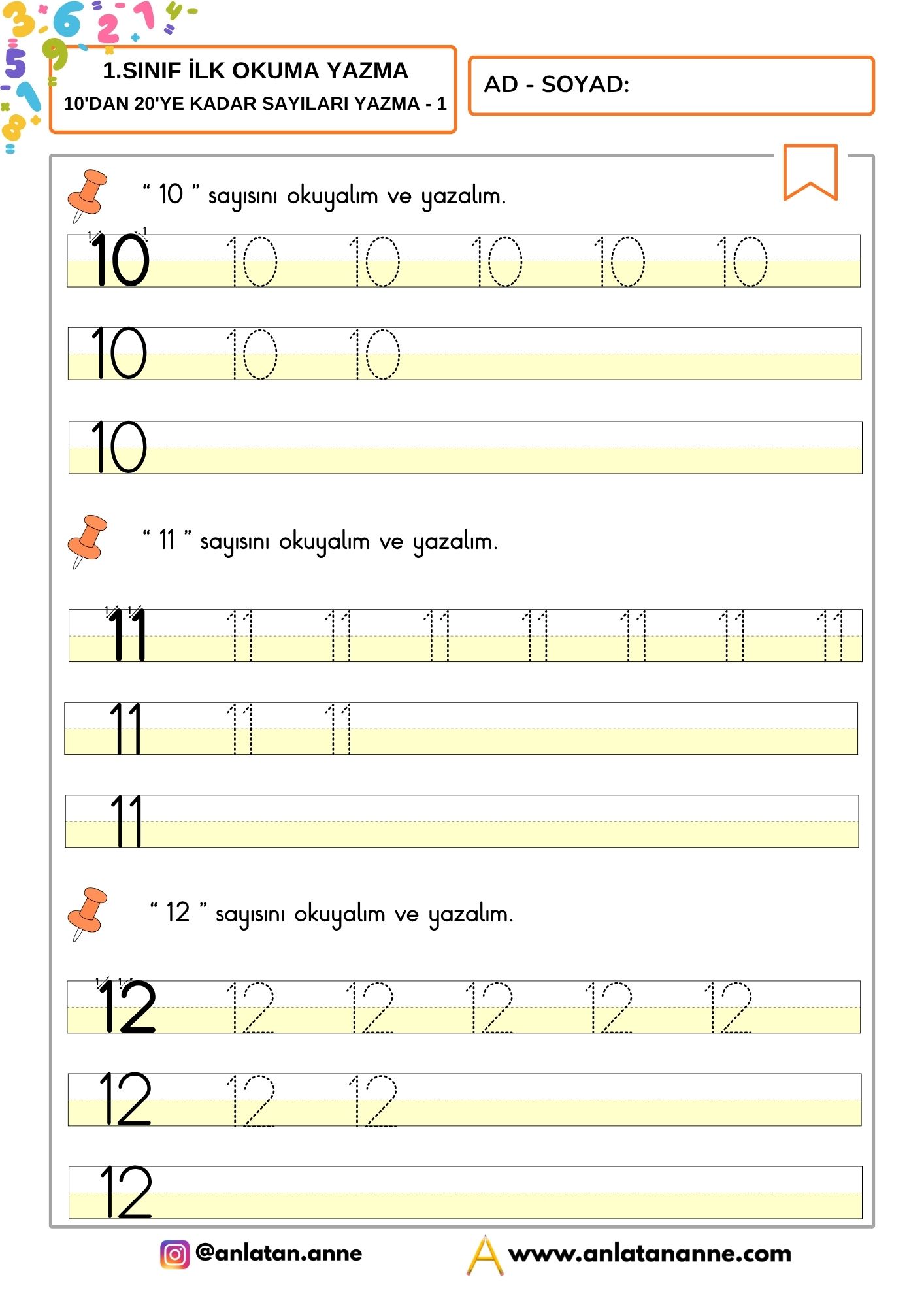 10dan 20ye kadar sayıları yazma çalışması