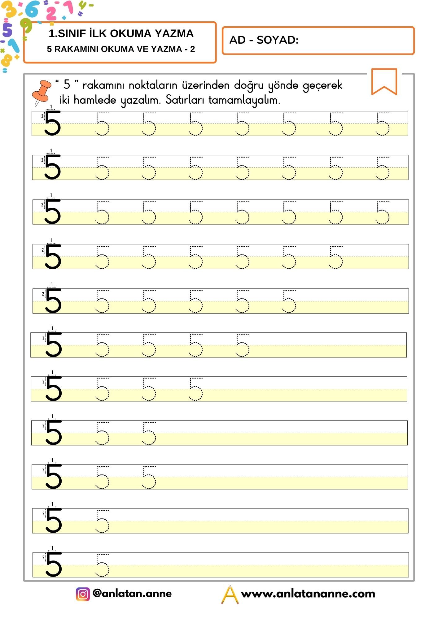5 rakamını yazma etkinliği