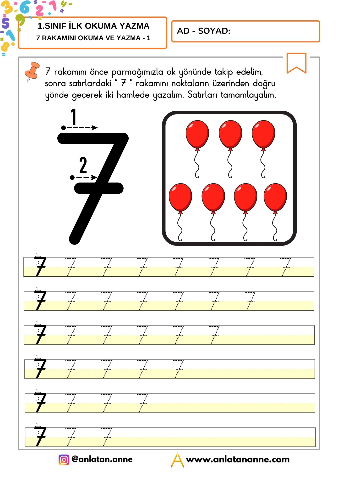7 rakamı yazma çalışması