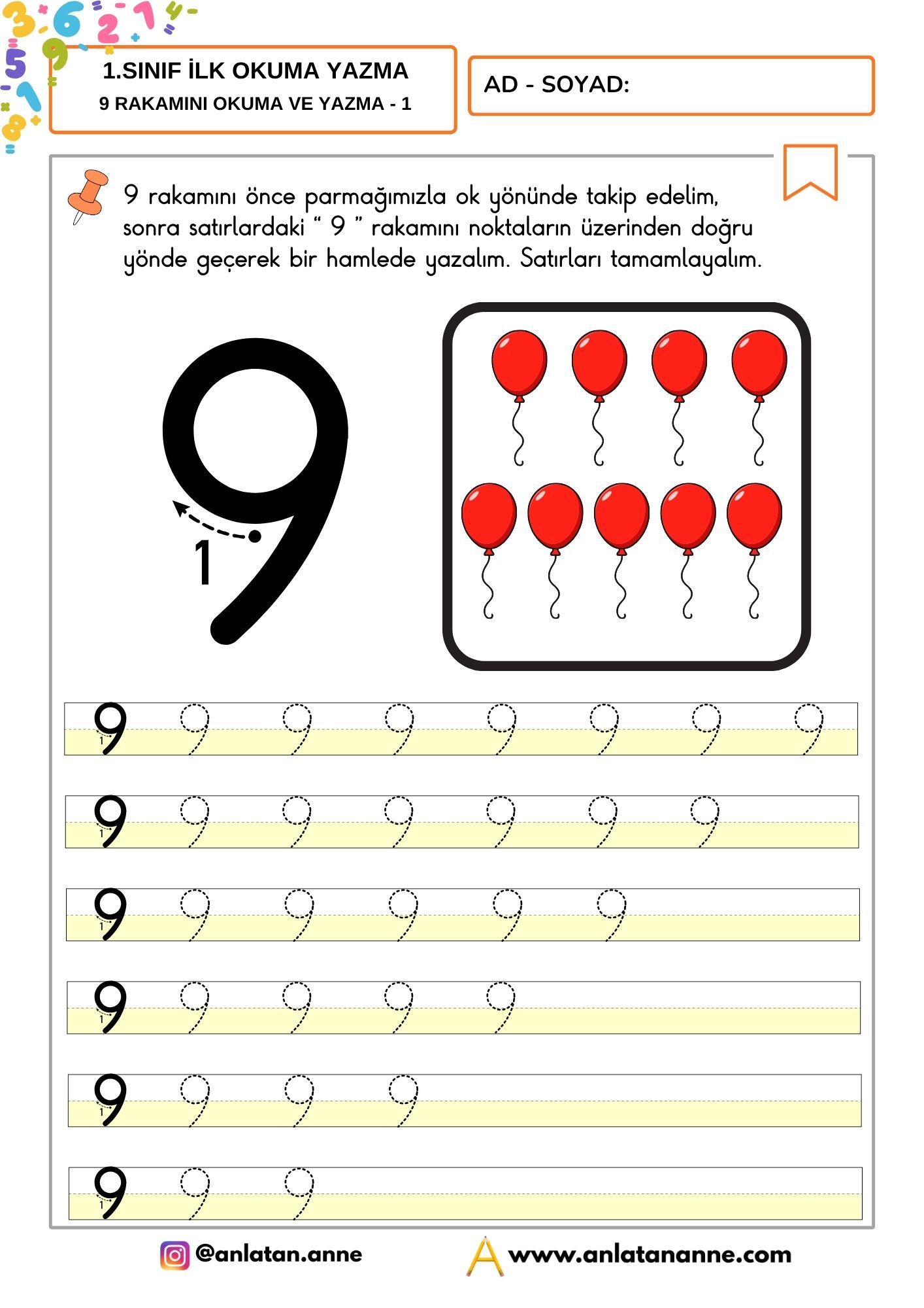 9 rakamı yazma çalışması