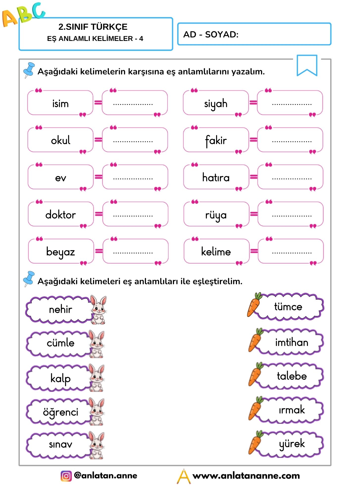 2. sınıf eş anlamlı kelimeler