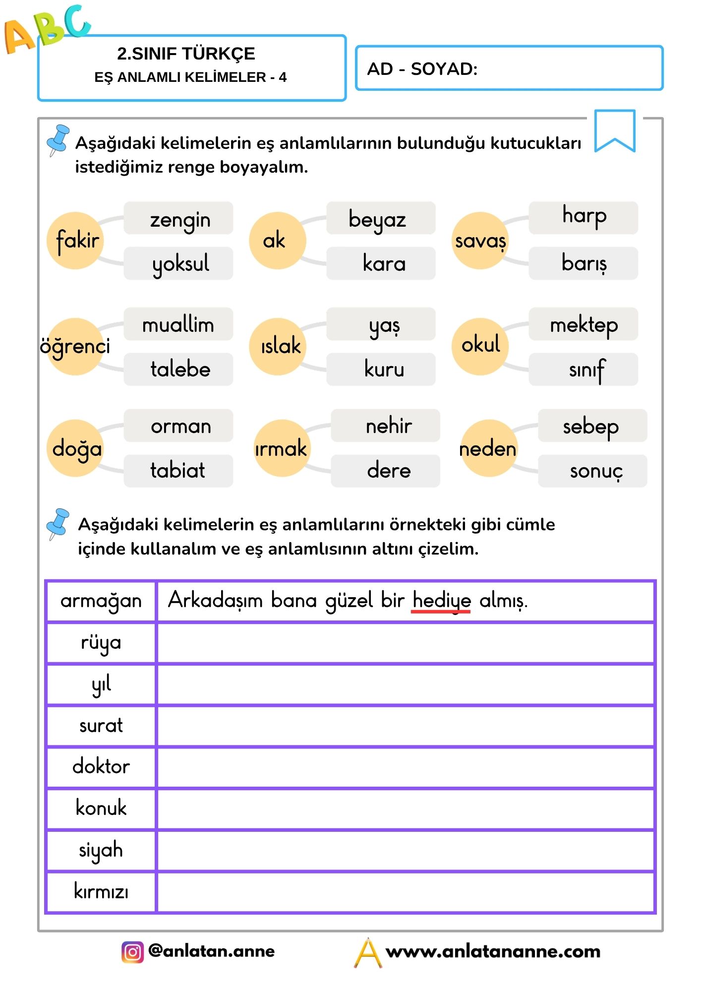 2. sınıf eş anlamlı kelimeler