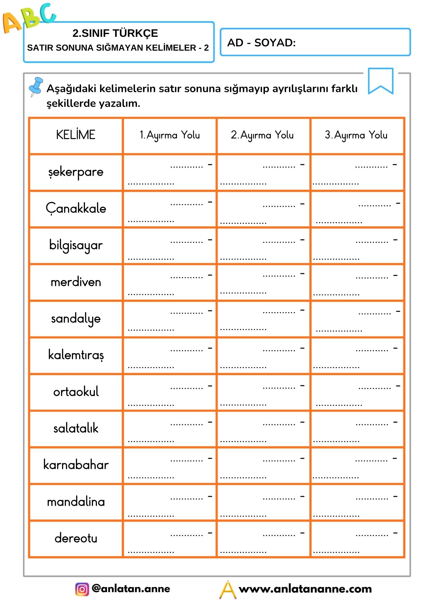 2. sınıf satır sonuna sığmayan kelimeler