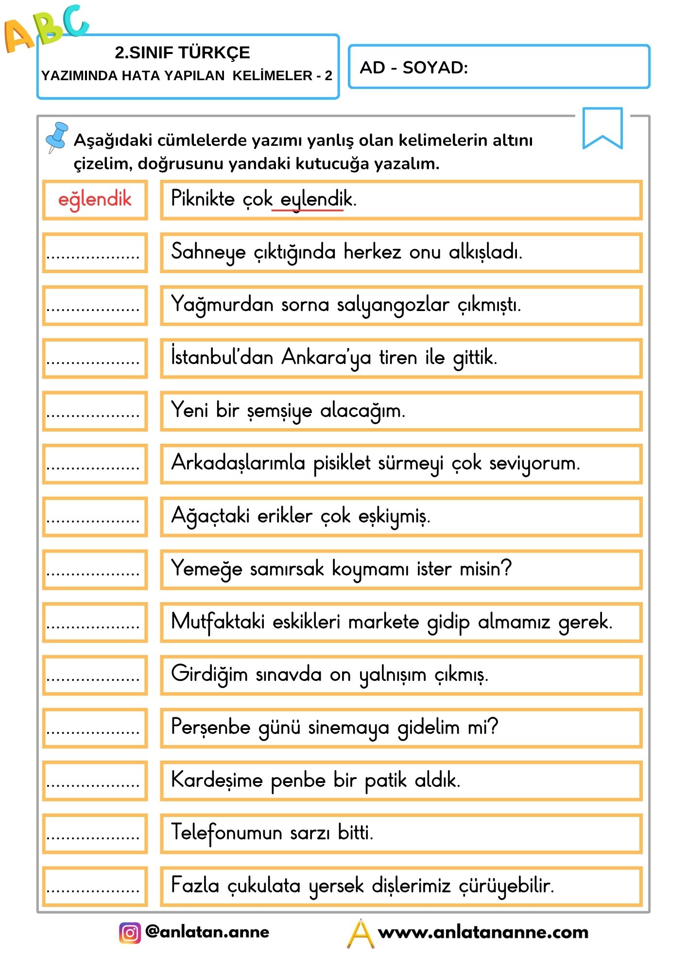 2. sınıf yazımında hata yapılan kelimeler