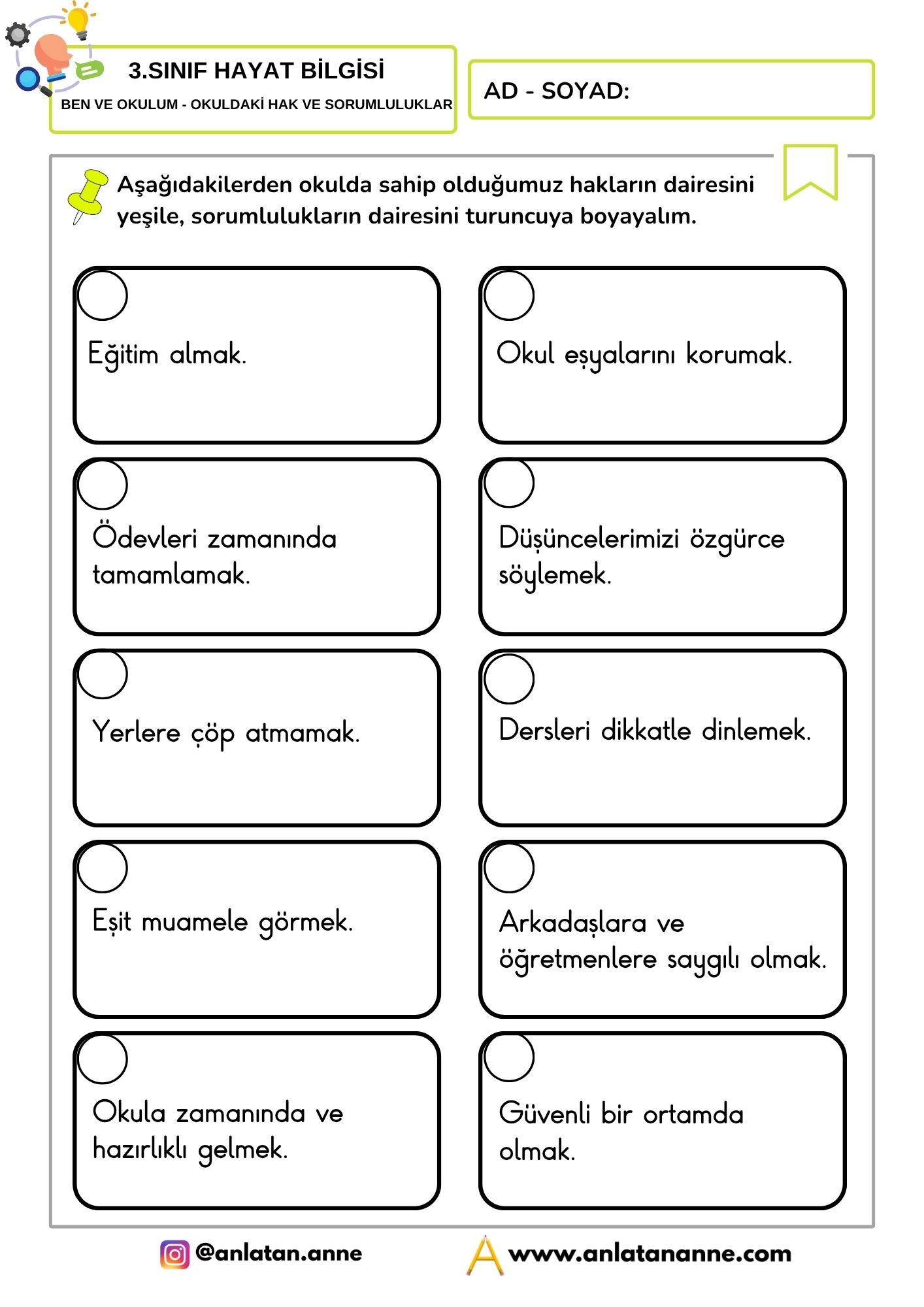 3. sınıf okuldaki hak ve sorumluluklarımız
