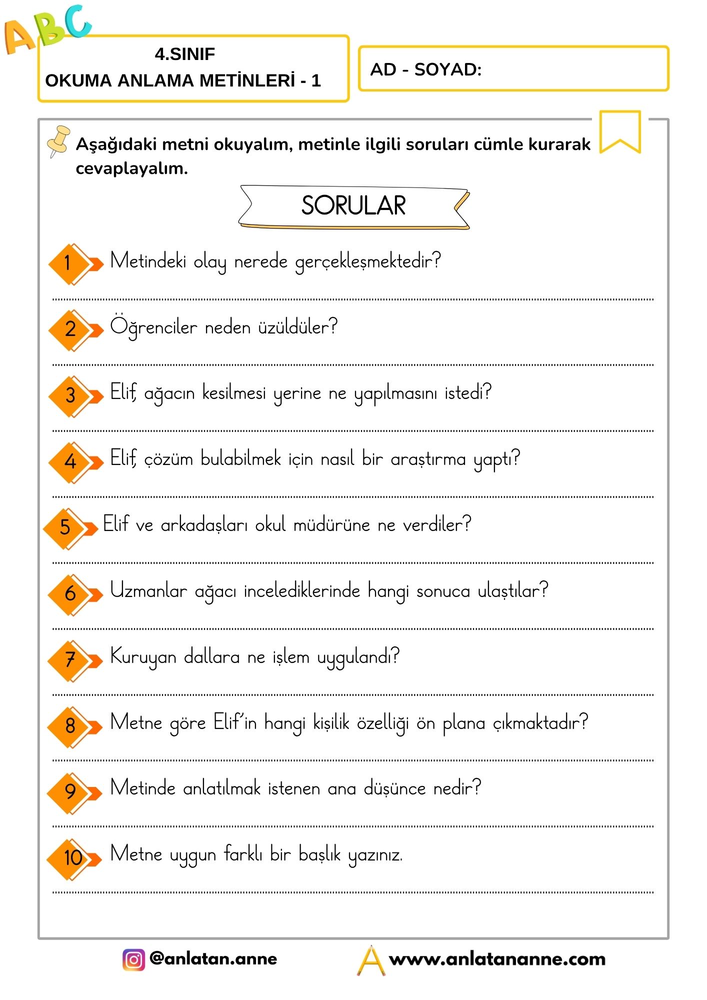 4. sınıf okuduğunu anlama