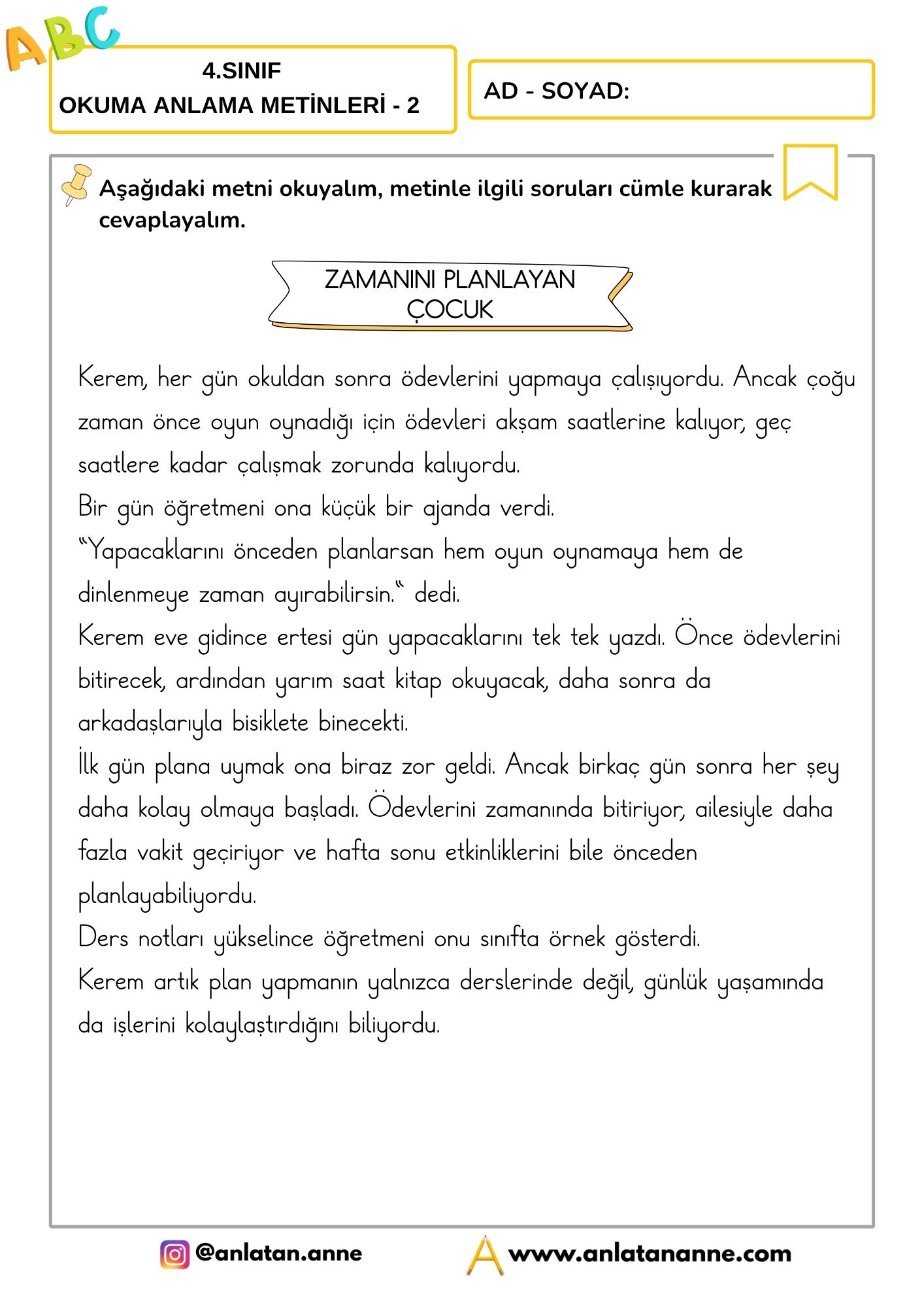 4. sınıf okuma anlama metinleri