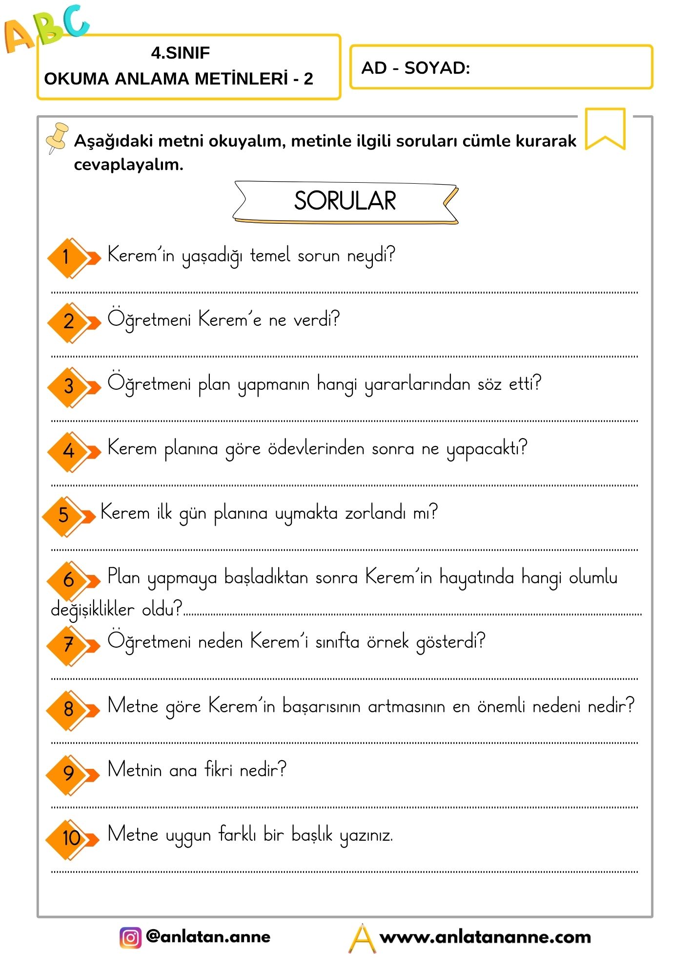 4. sınıf okuduğunu anlama