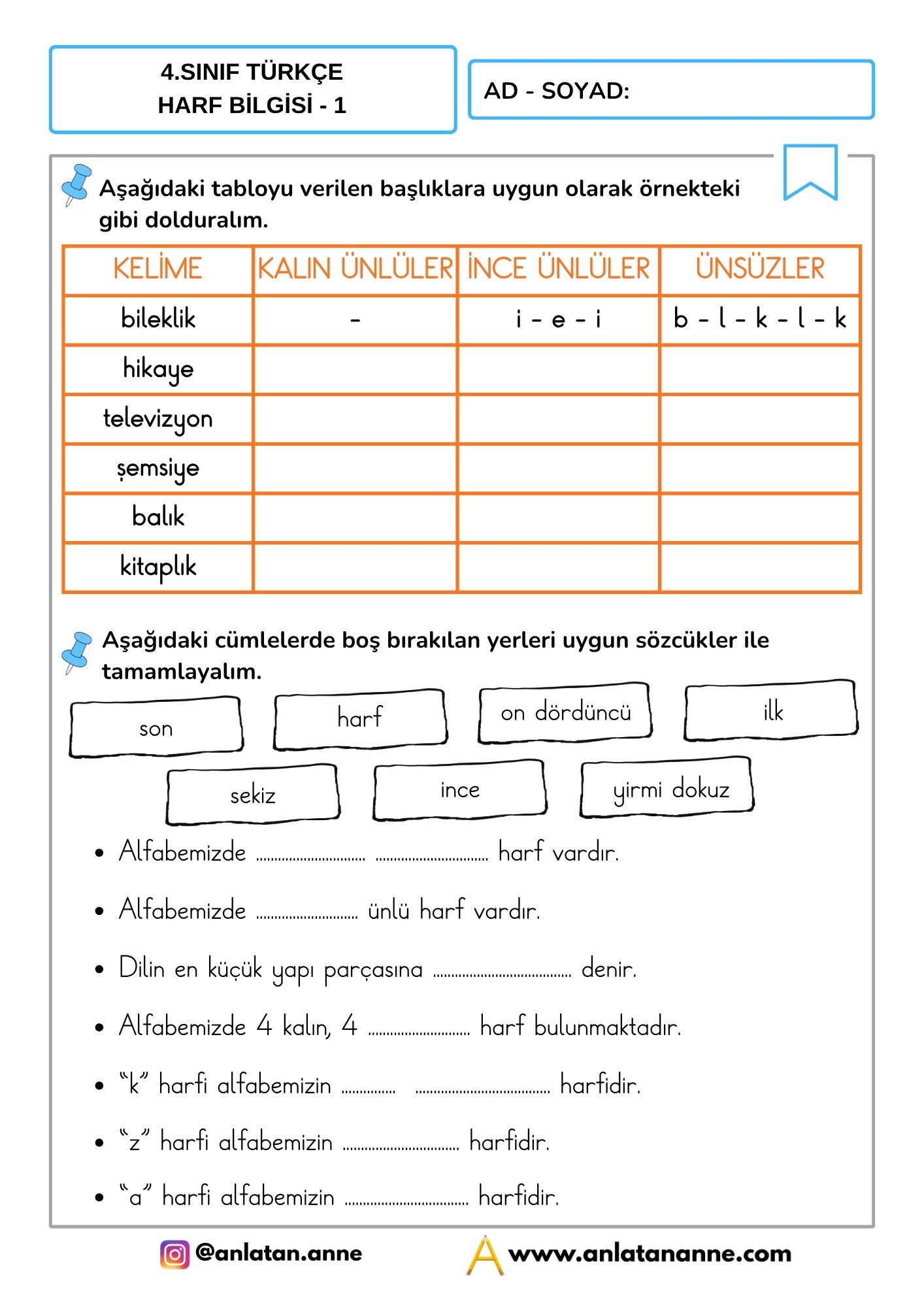 4. sınıf harf bilgisi