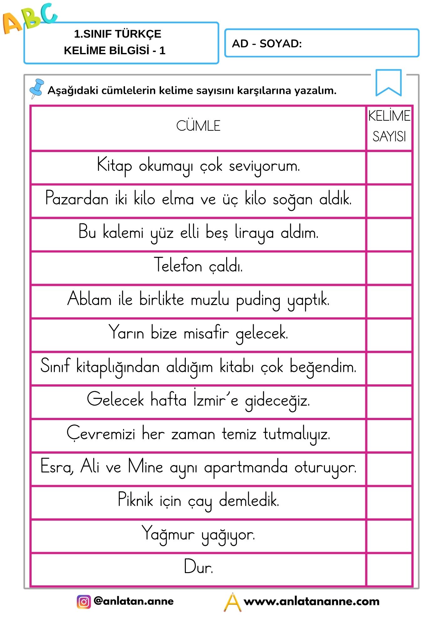 1. sınıf kelime bilgisi