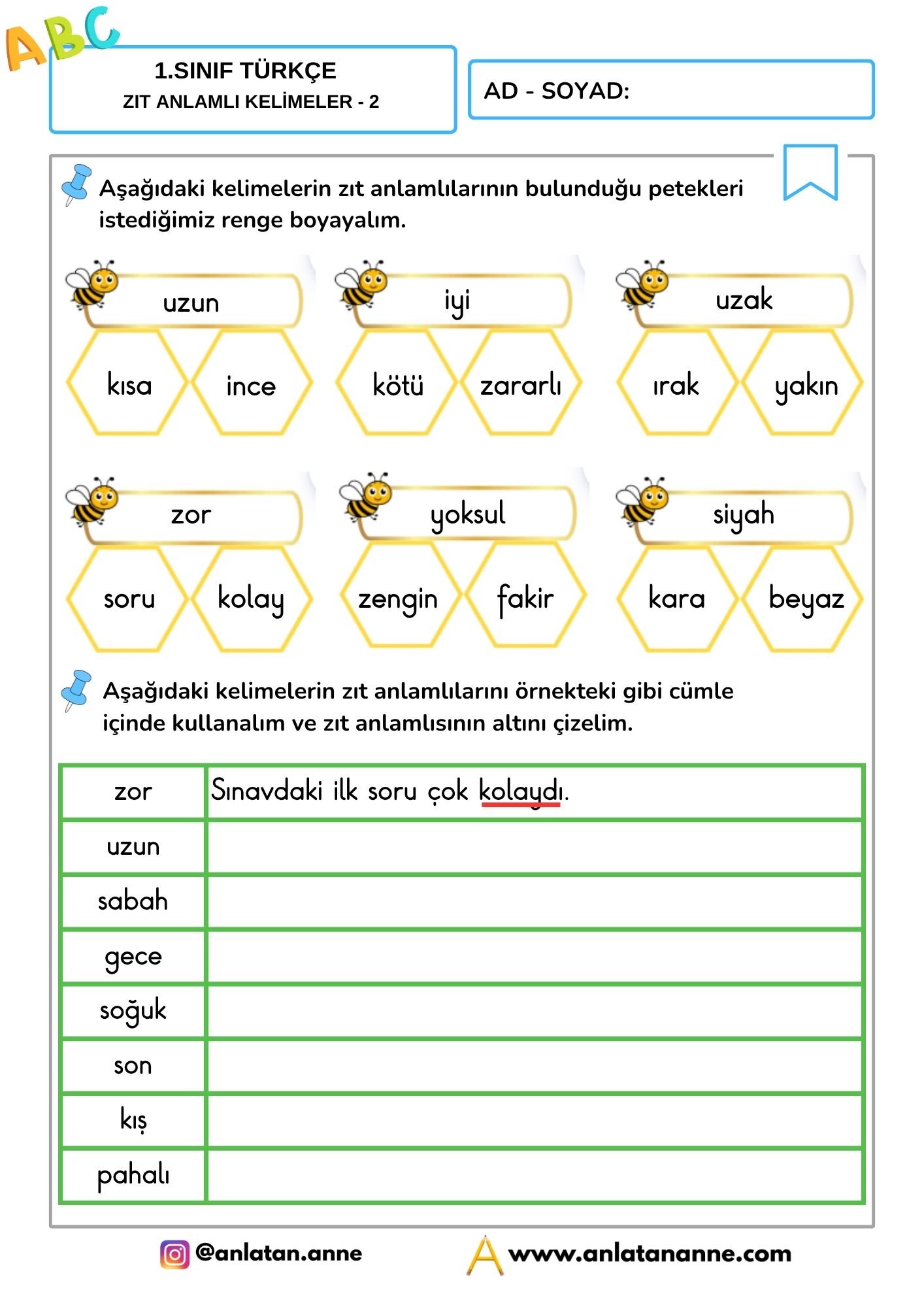 1. sınıf zıt anlamlı kelimeler