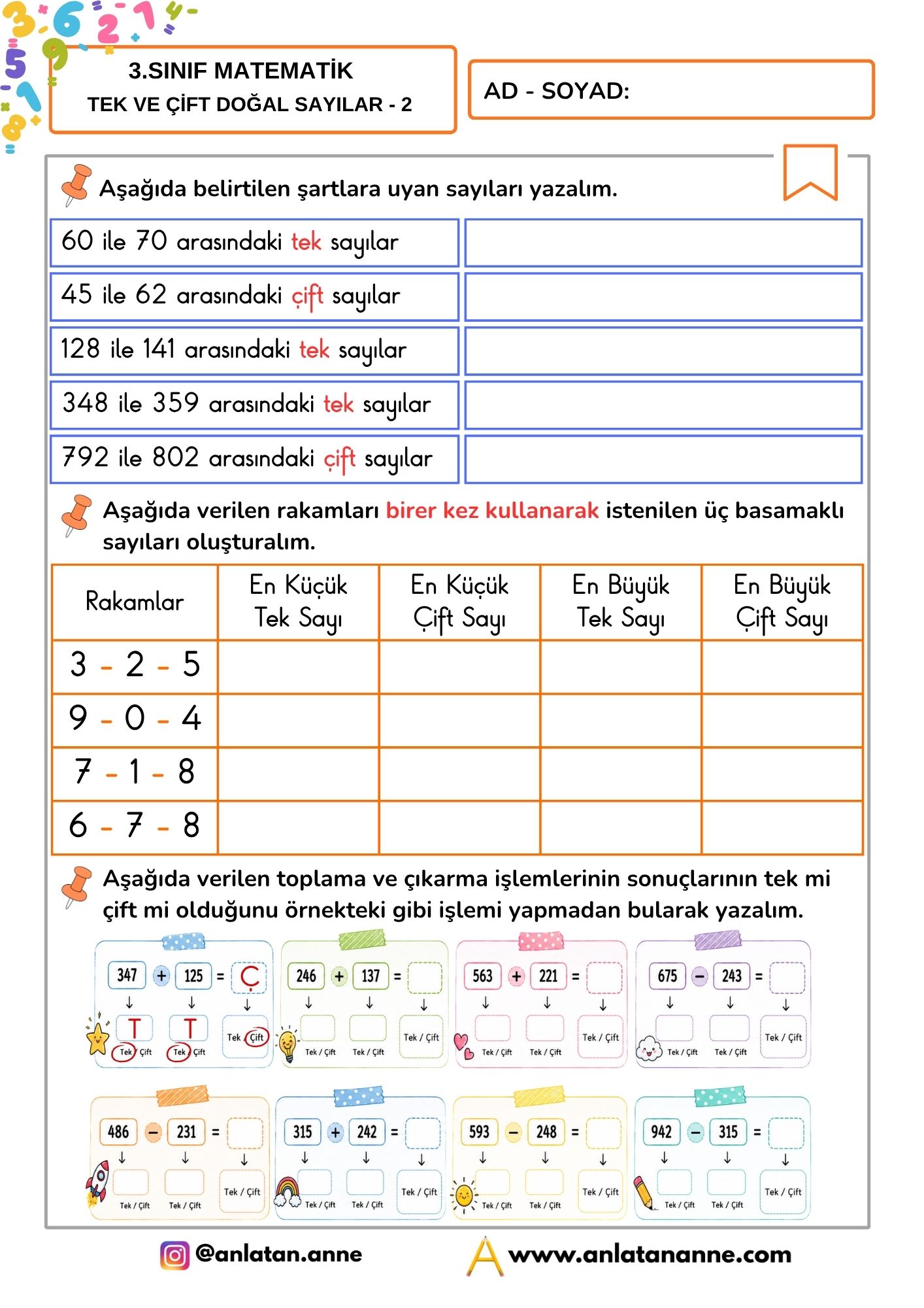 3. sınıf tek ve çift doğal sayılar