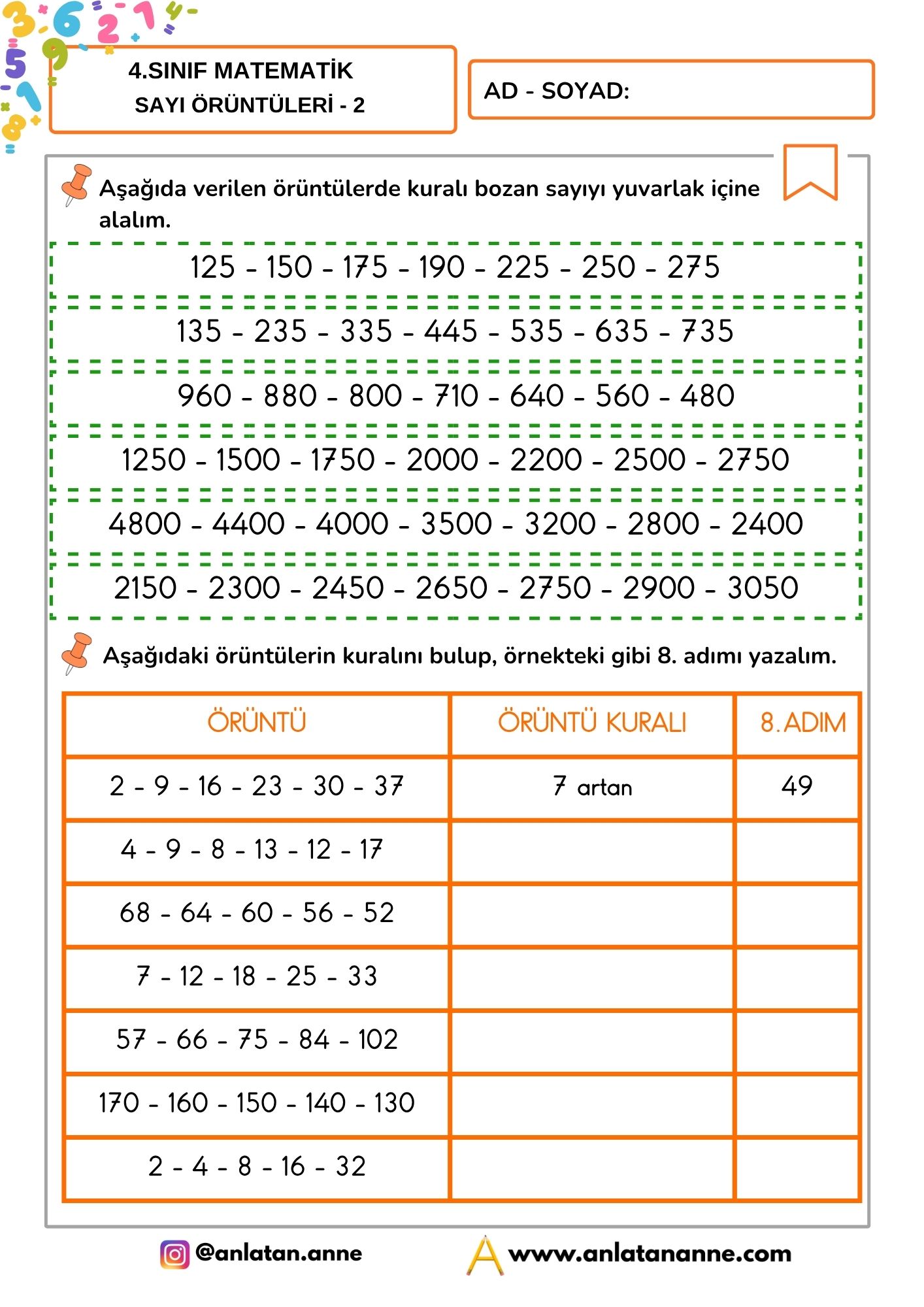 4. sınıf sayı örüntüleri
