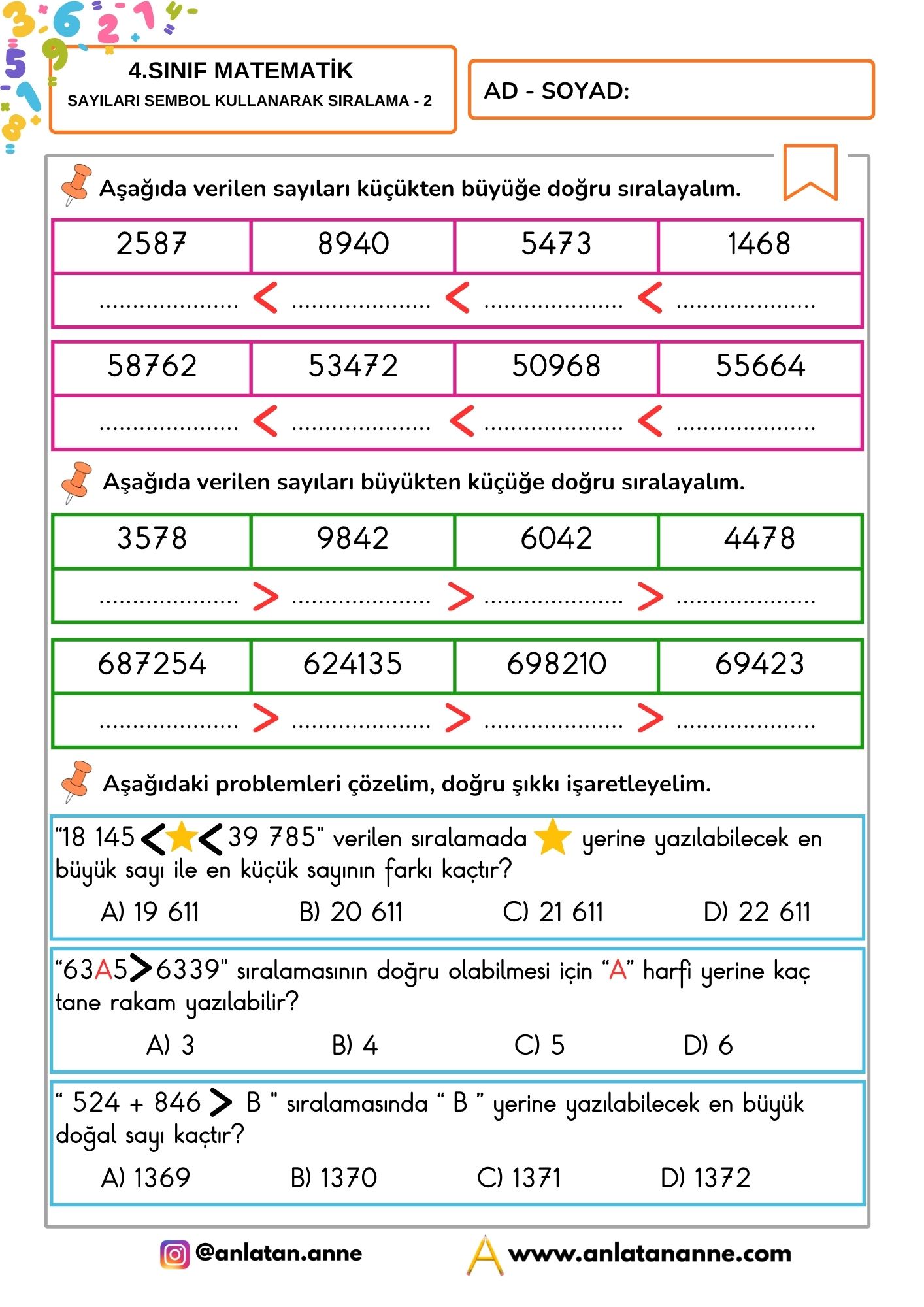 4. sınıf sayıları sembol kullanarak sıralama