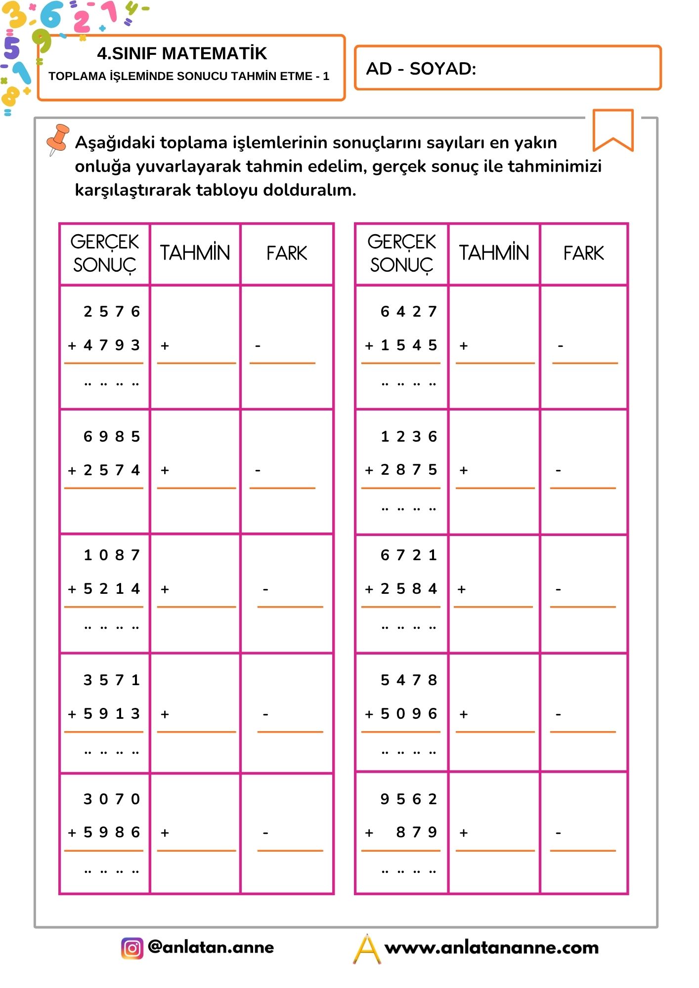 4. sınıf toplama işleminde sonucu tahmin etme