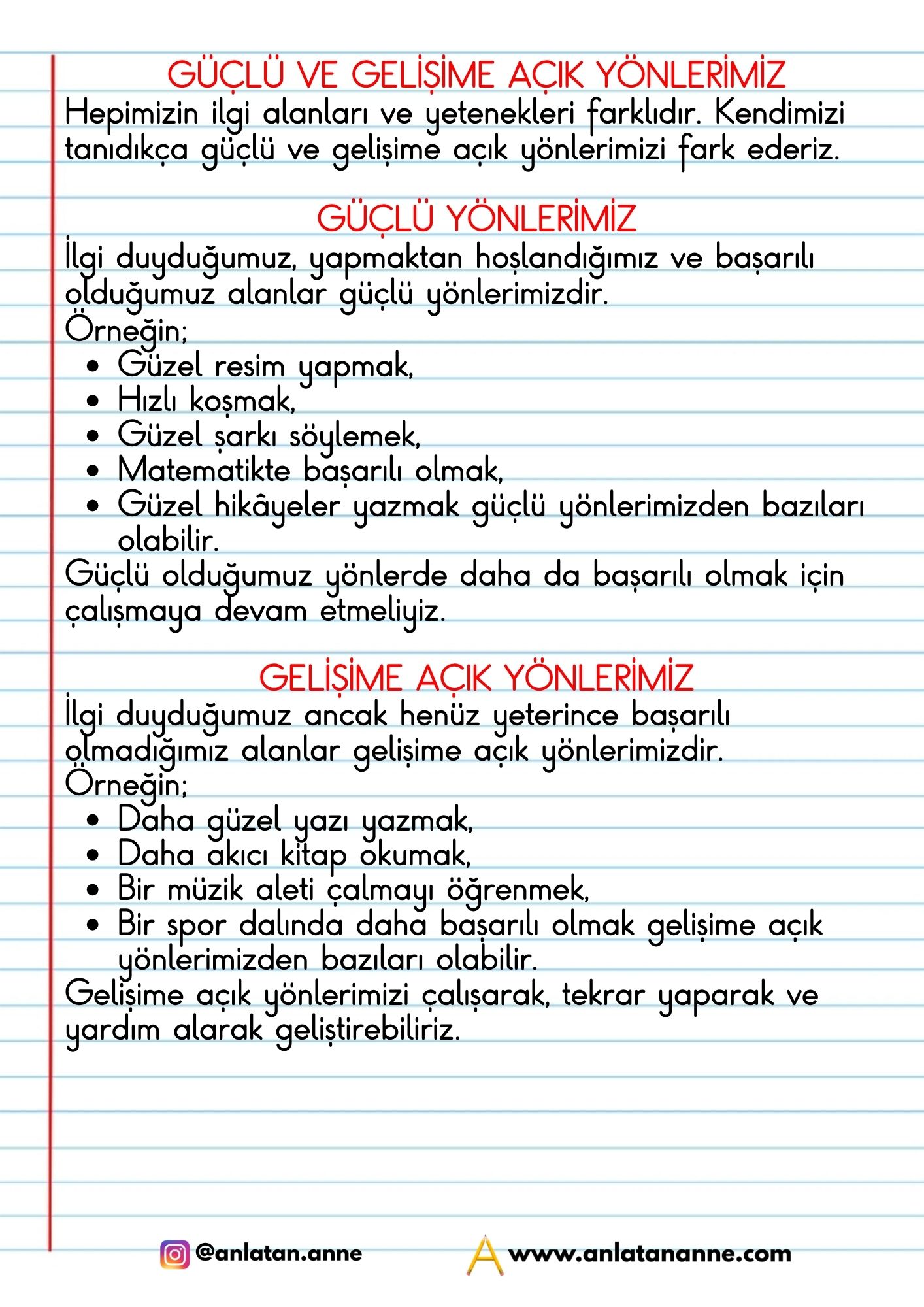 2. sınıf güçlü ve gelişime açık yönlerimiz defter notu