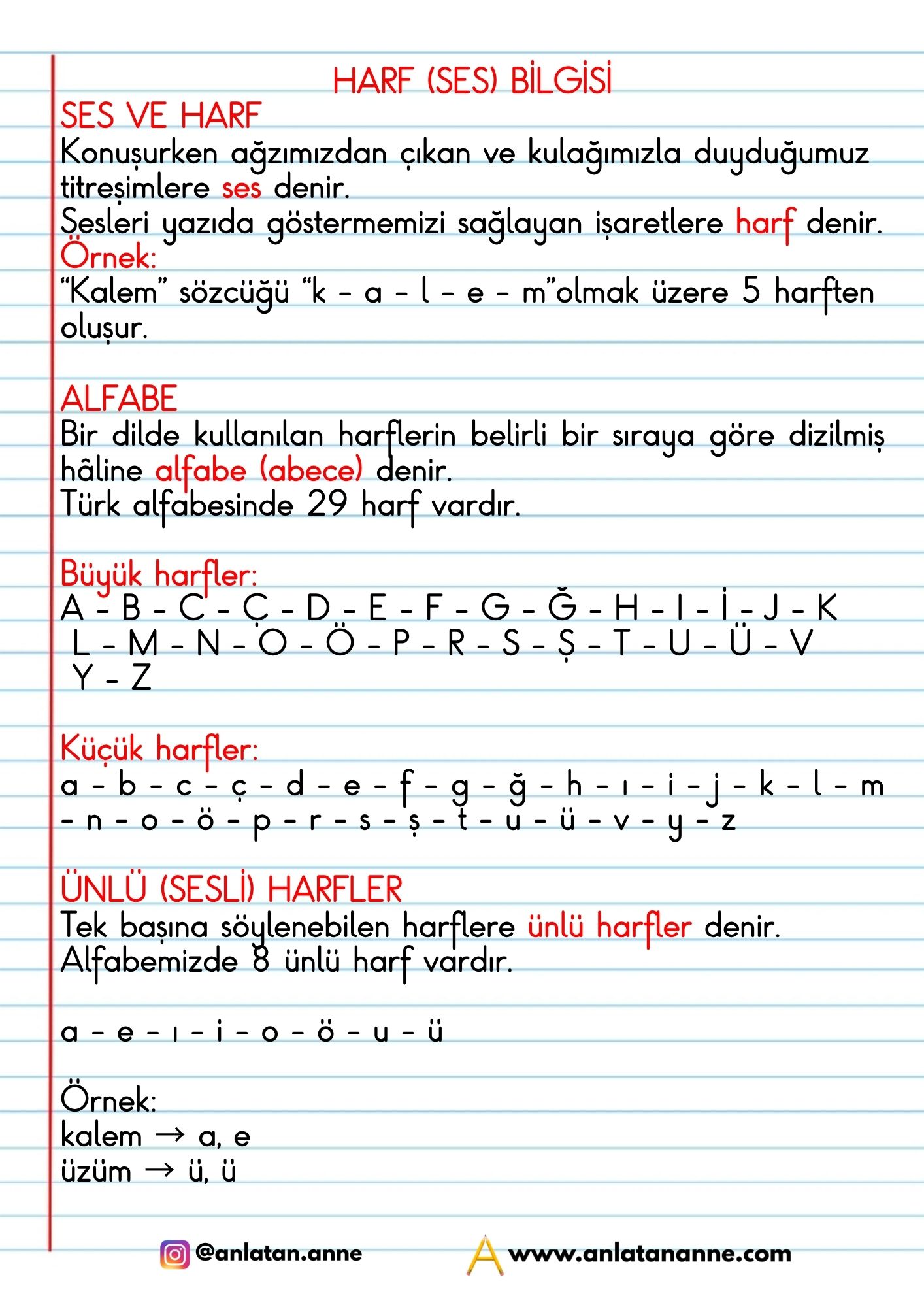 2. sınıf harf(ses) bilgisi defter notu