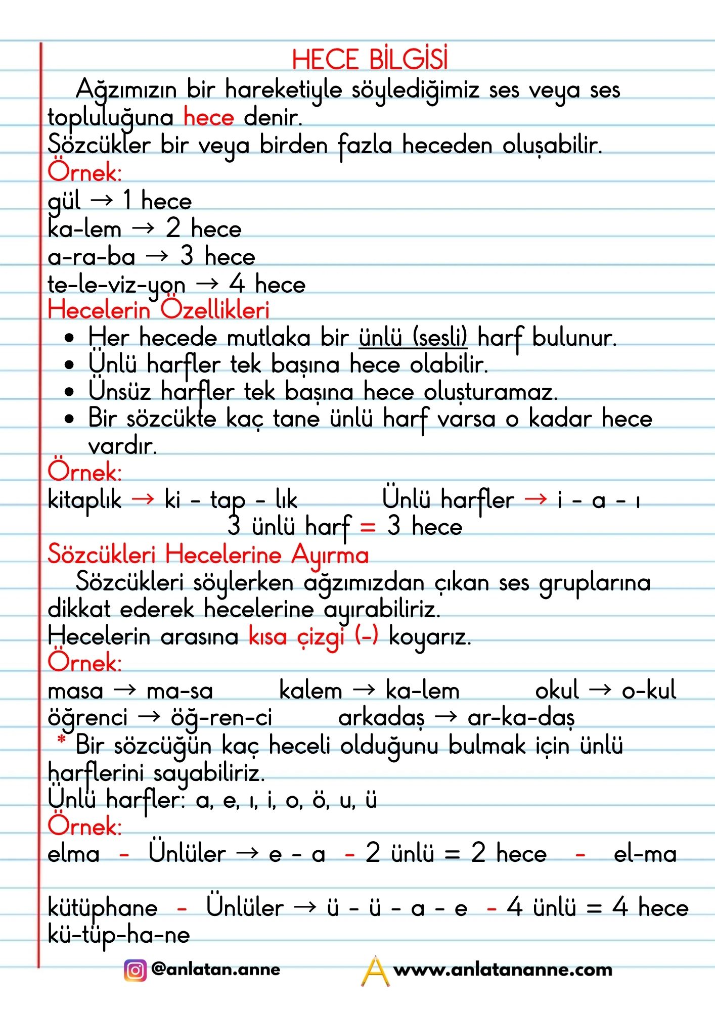 2. sınıf hece bilgisi defter notu
