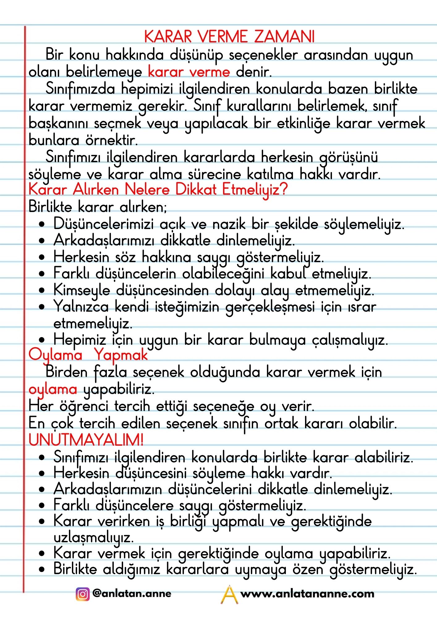 2. sınıf karar verme zamanı defter notu