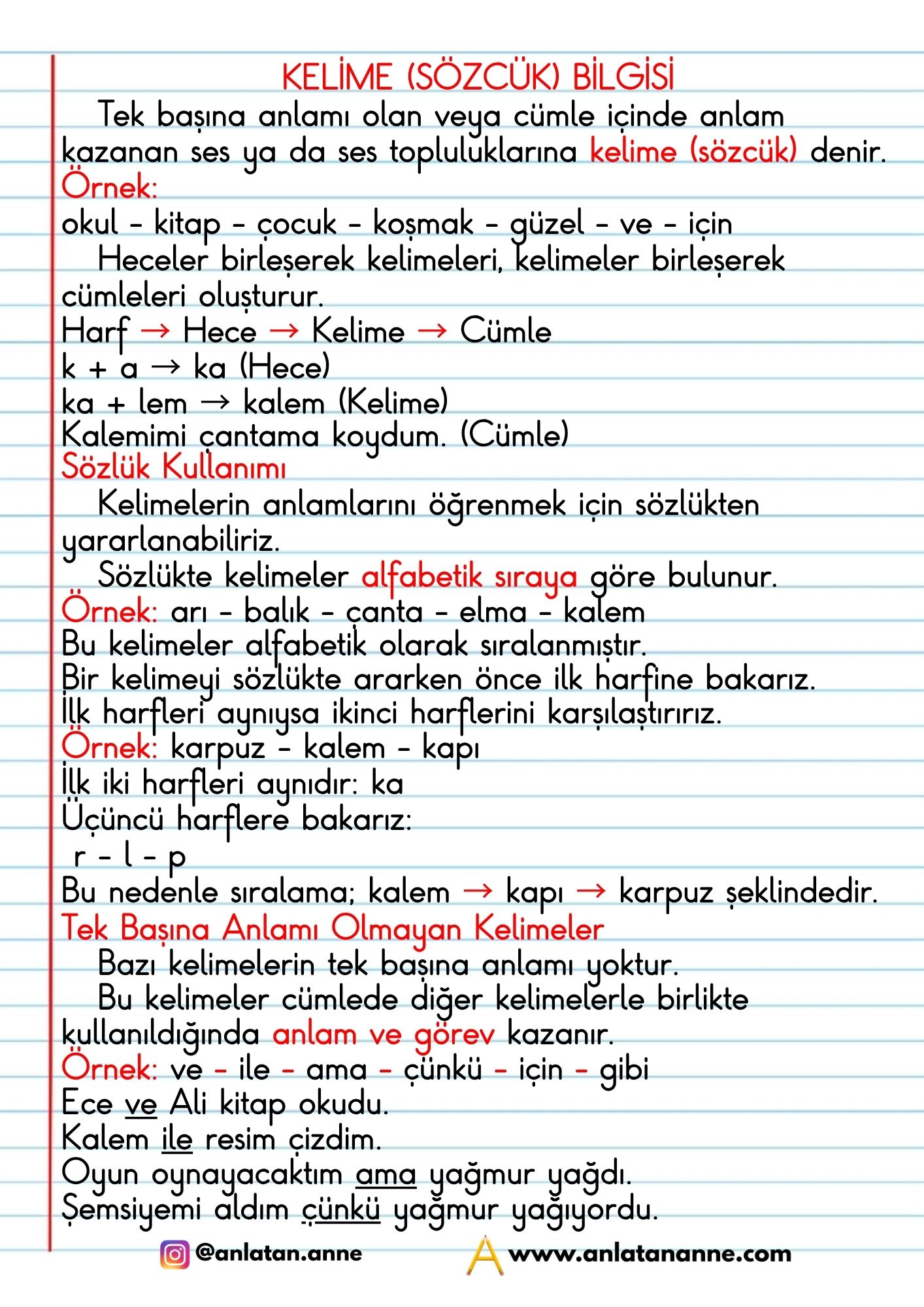 2. sınıf kelime bilgisi defter notu