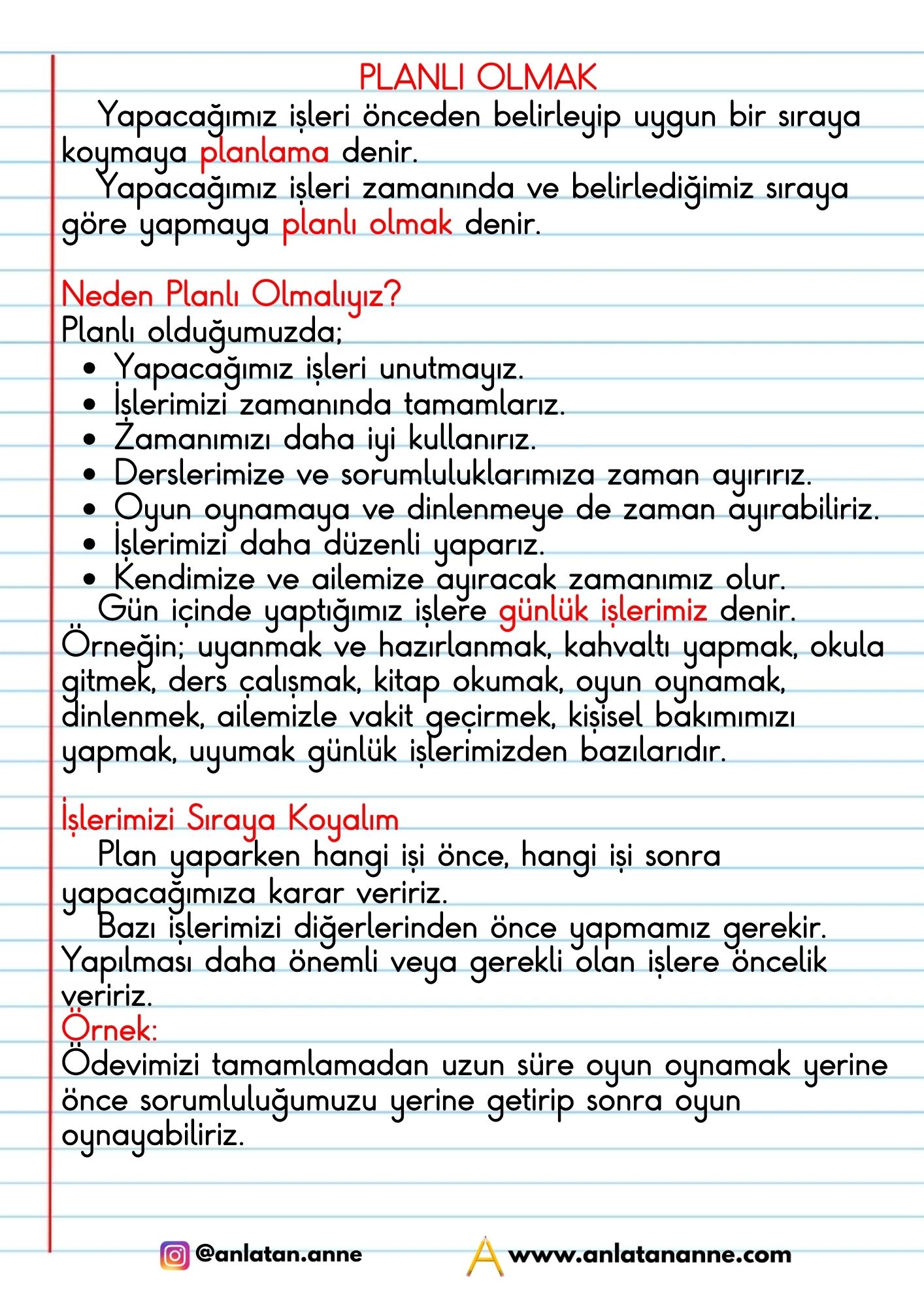 2. sınıf planlı olmak defter notu