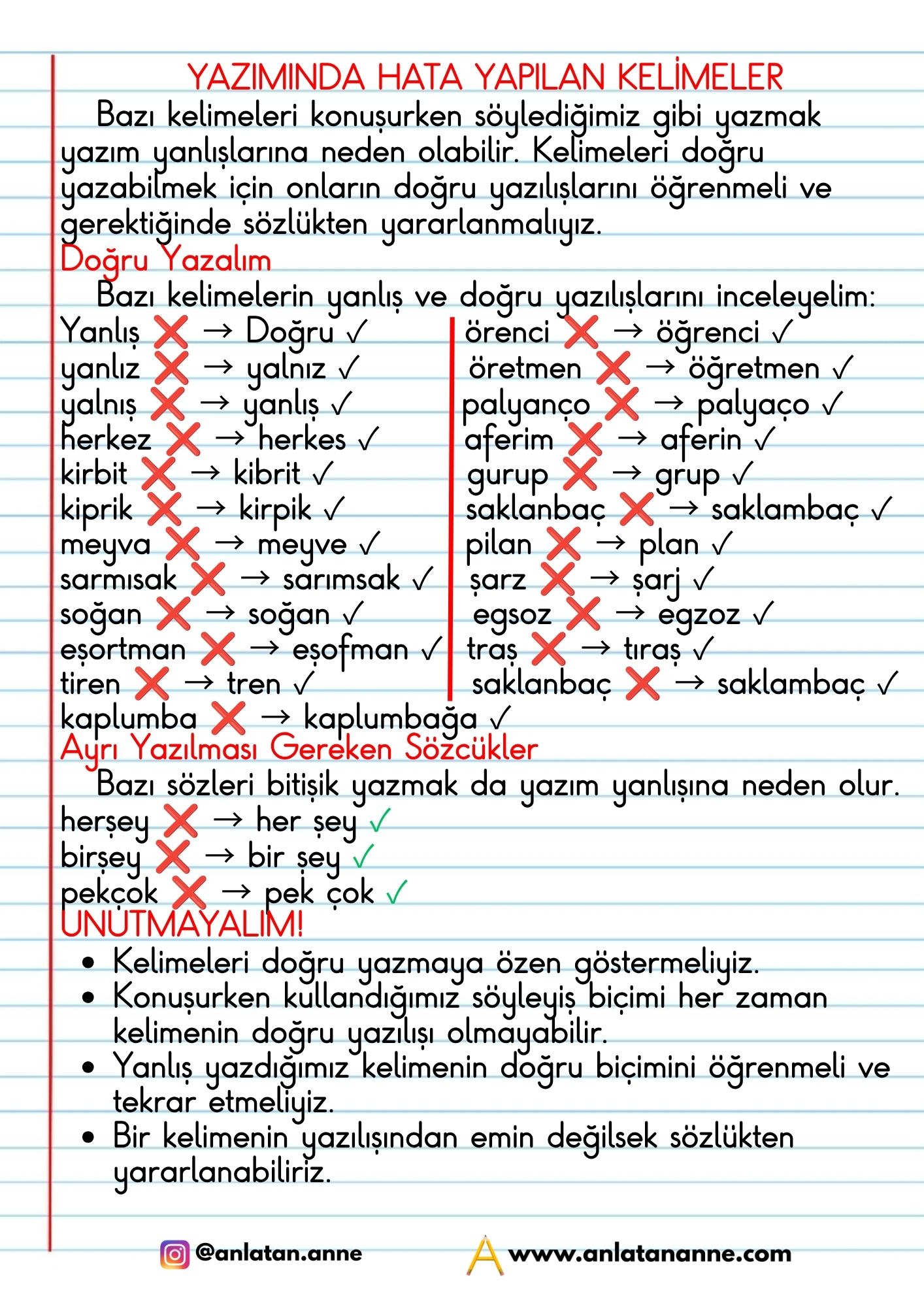 2. sınıf yazımında hata yapılan kelimeler defter notu