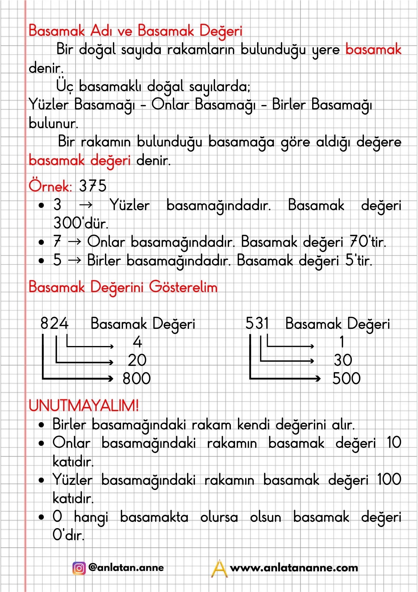 3. sınıf basamak adı ve basamak değeri defter notu