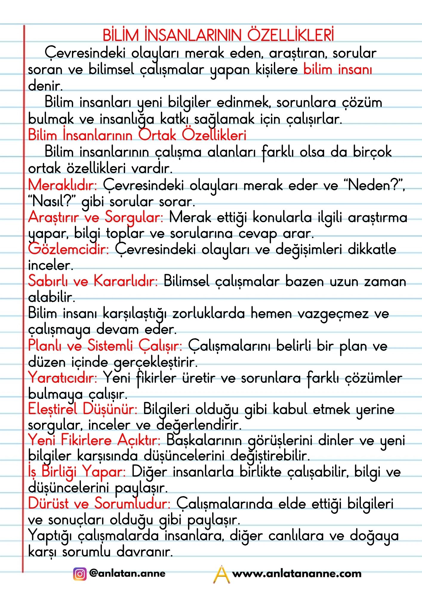 3. sınıf bilim insanlarının özellikleri defter notu