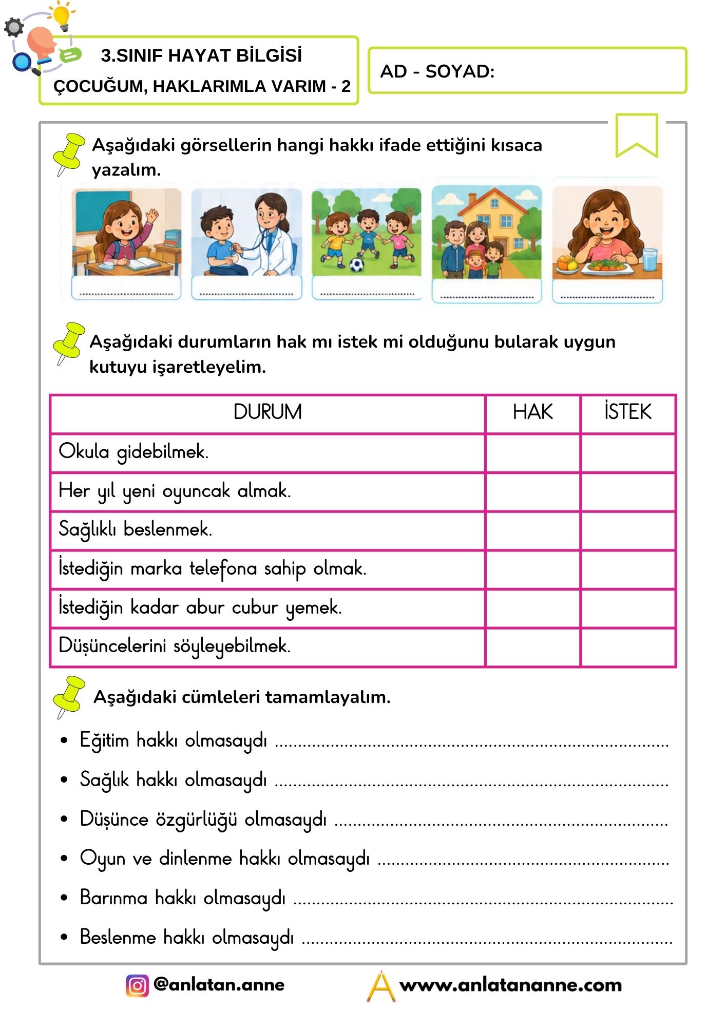 3. sınıf çocuğum haklarımla varım
