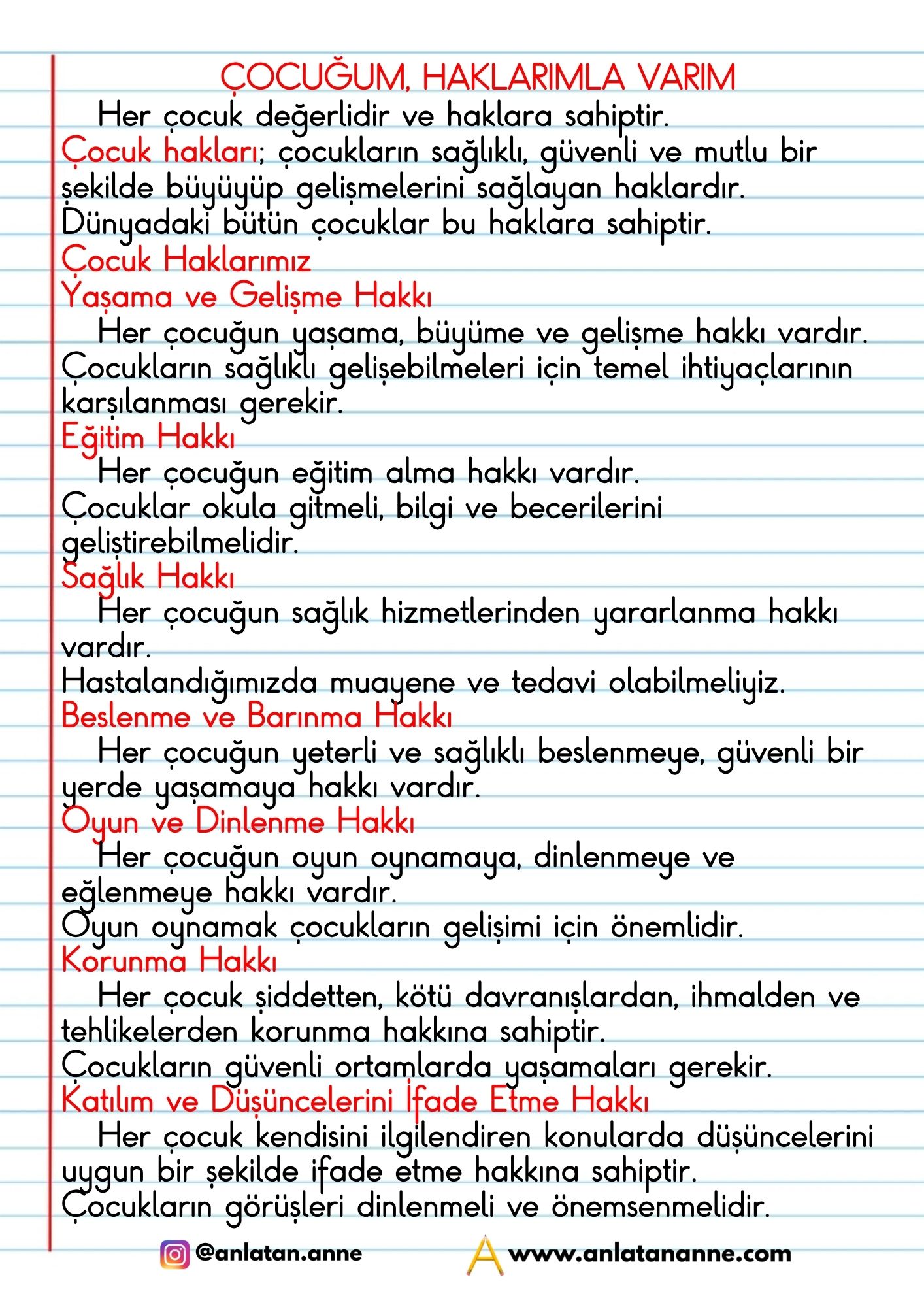 3. sınıf çocuğum, haklarımla varım defter notu