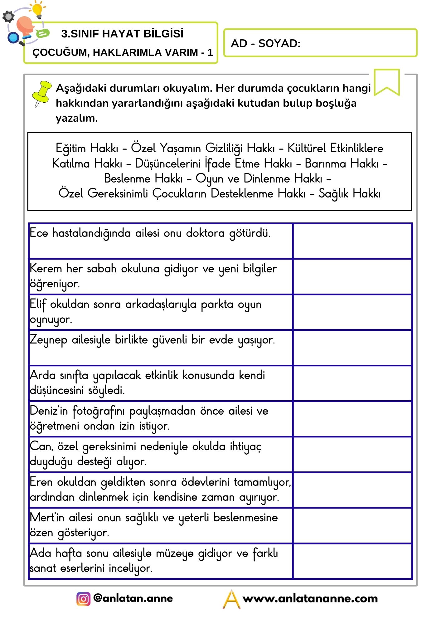3. sınıf çocuğum haklarımla varım