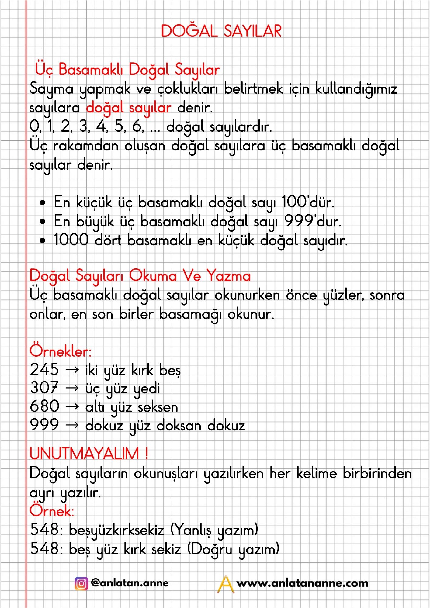 3. sınıf doğal sayıları okuma ve yazma defter notu