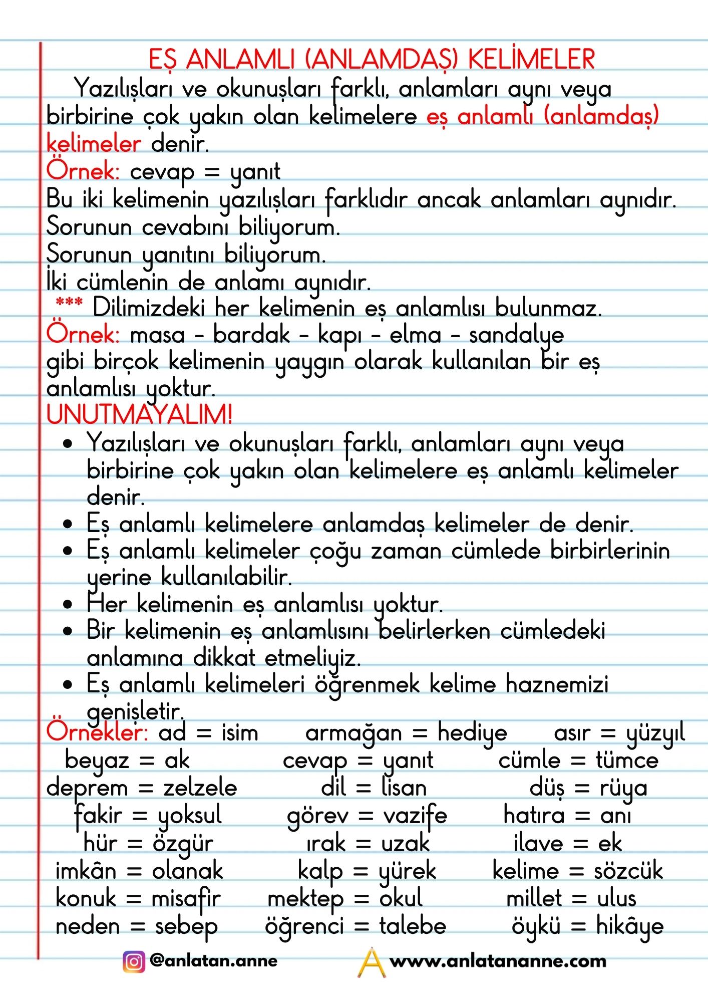 3. sınıf eş anlamlı kelimeler defter notu