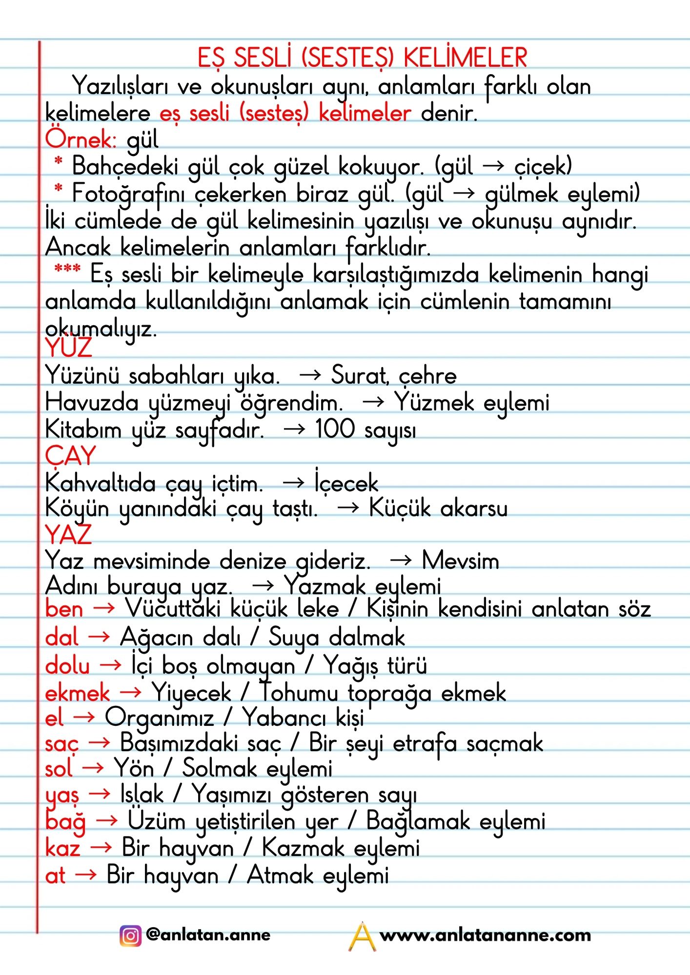 3. sınıf eş sesli sesteş kelimeler defter notu