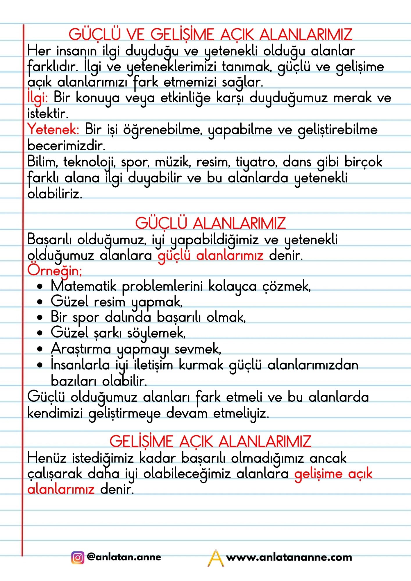 3. sınıf güçlü ve gelişime açık alanlar defter notu
