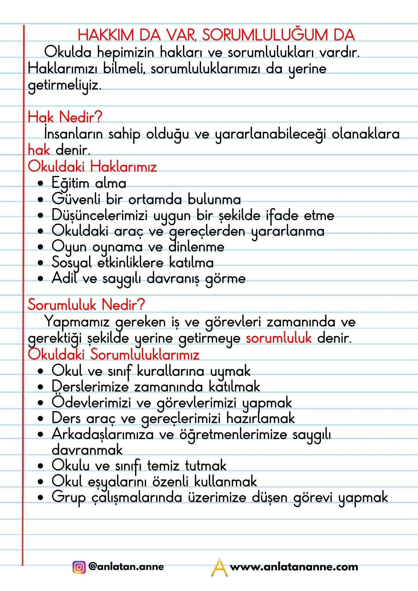 3. sınıf hakkım da var sorumluluğum da defter notu