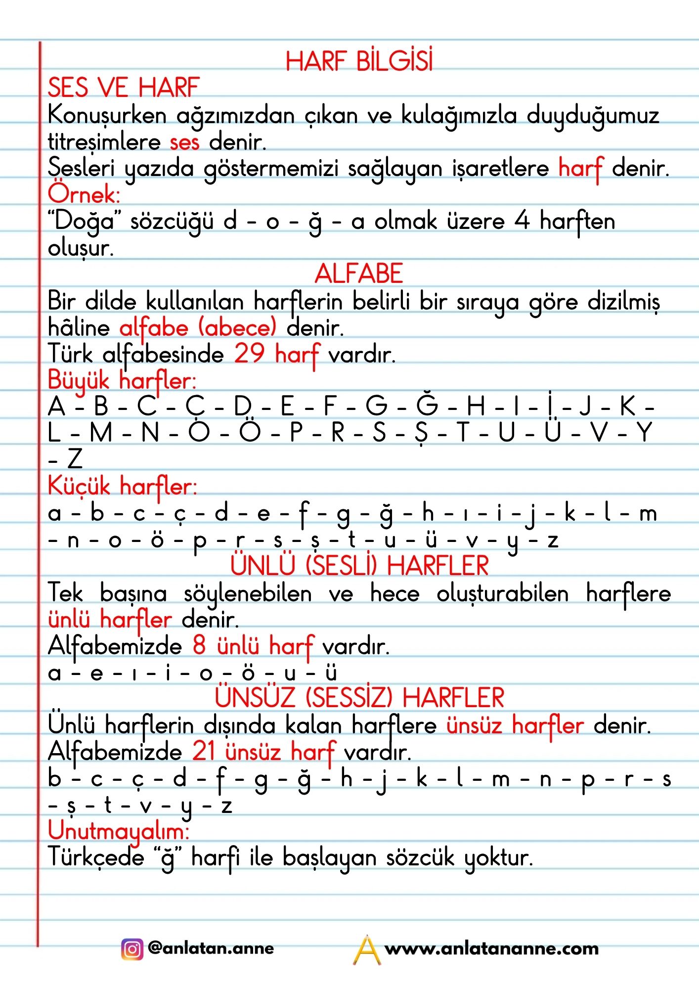 3. sınıf harf bilgisi defter notu