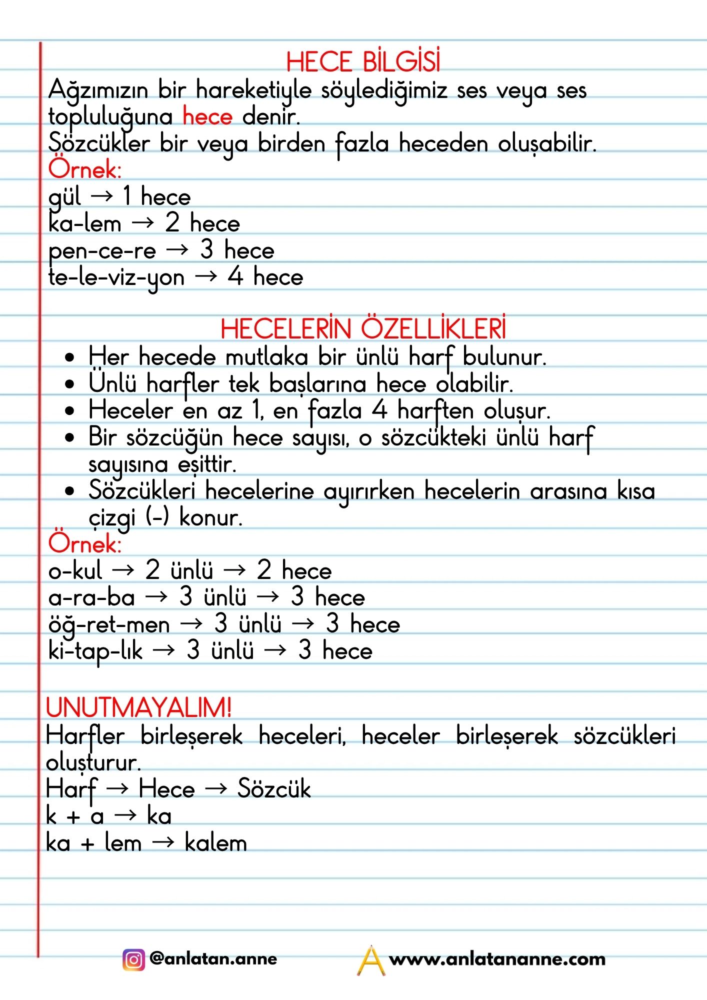 3. sınıf hece bilgisi defter notu