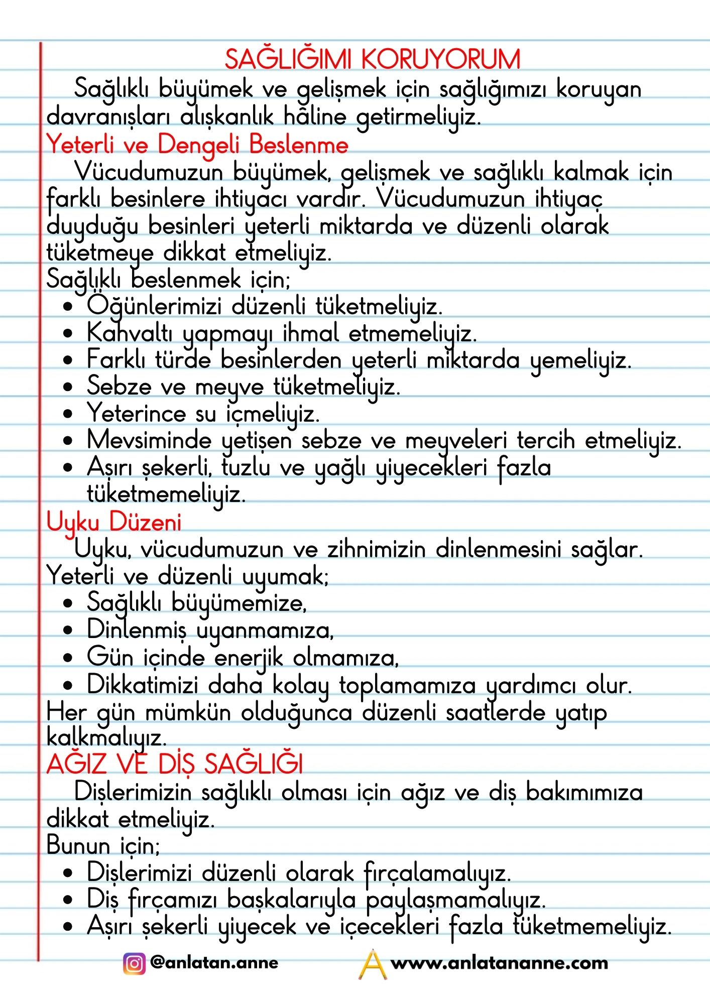 3. sınıf sağlığımı koruyorum defter notu