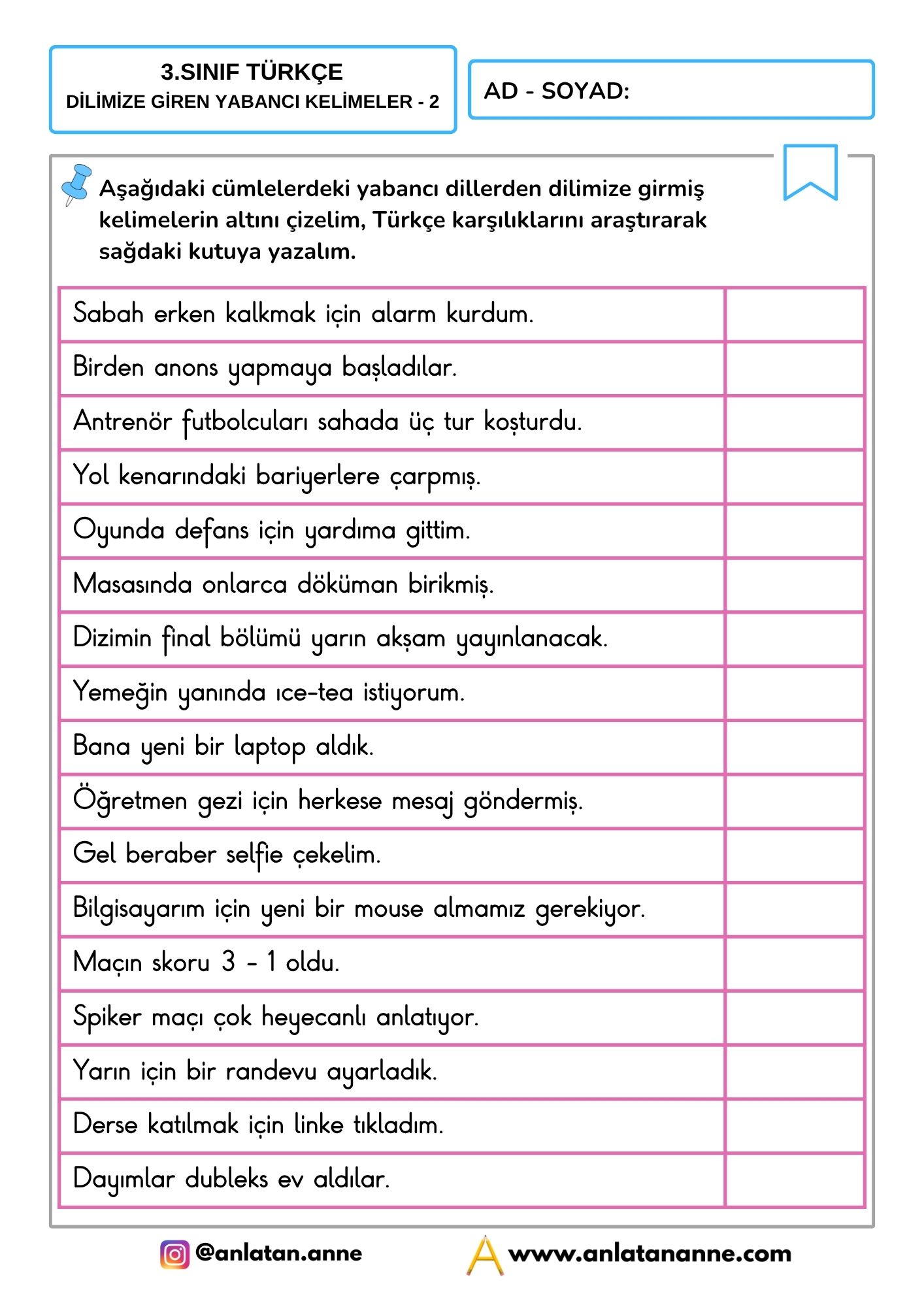 3. sınıf dilimize giren yabancı kelimeler