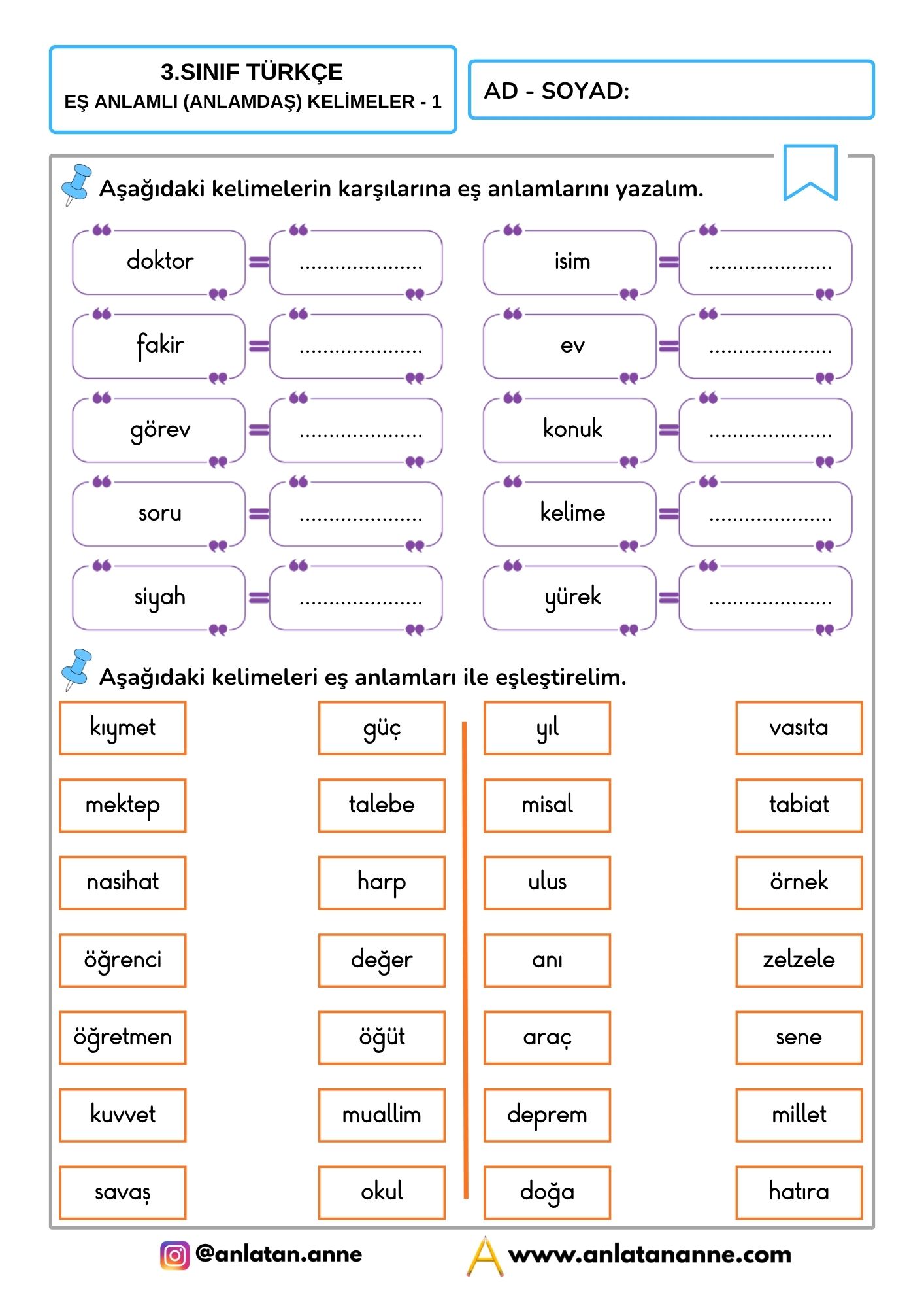 3. sınıf eş anlamlı kelimeler