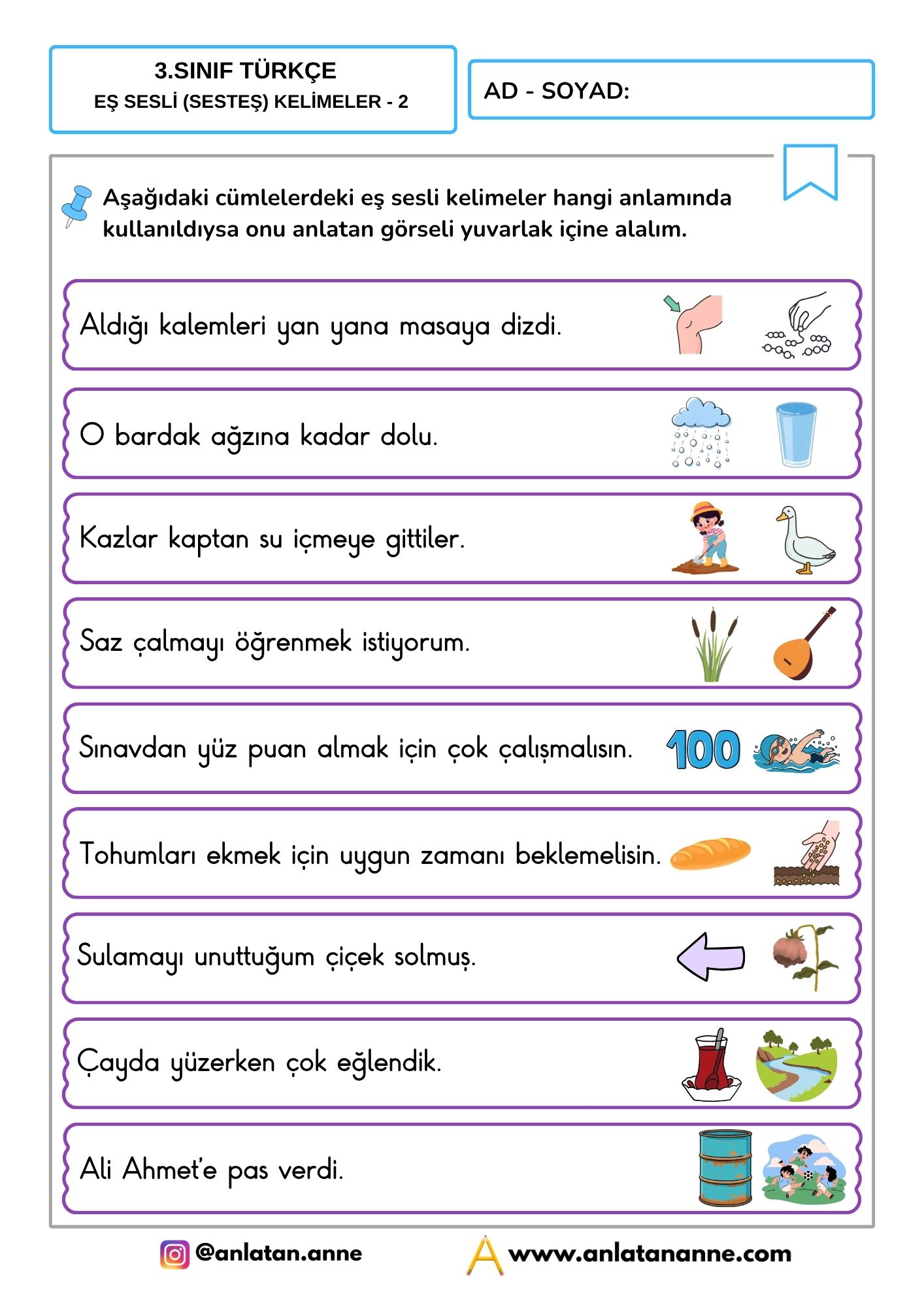 3. sınıf eş sesli kelimeler