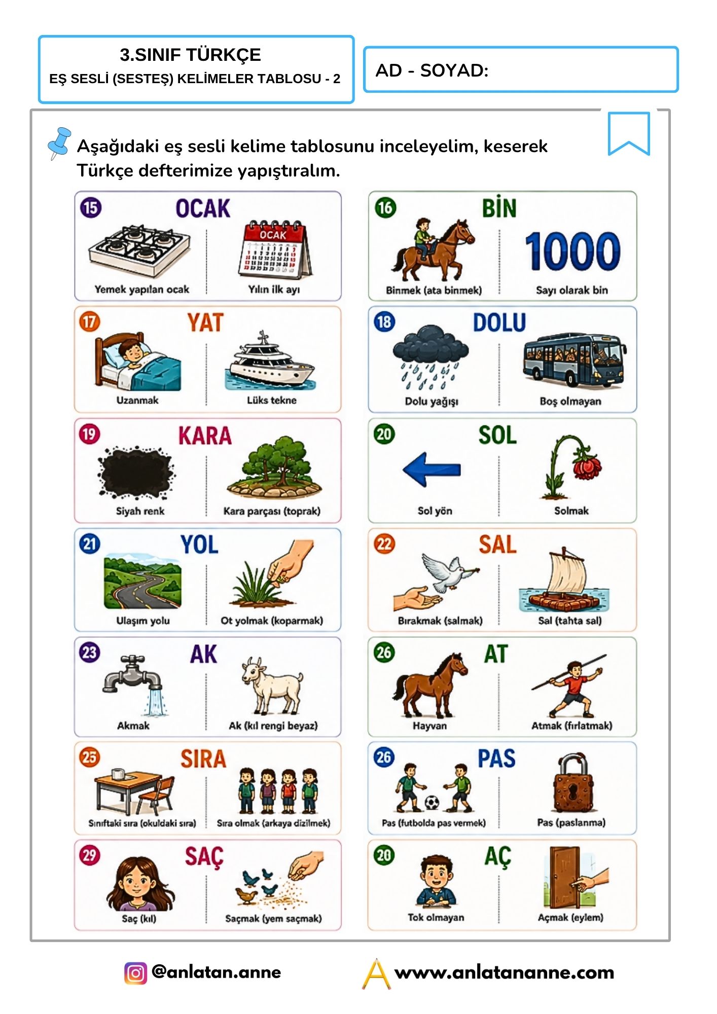 3. sınıf eş sesli kelimeler tablosu