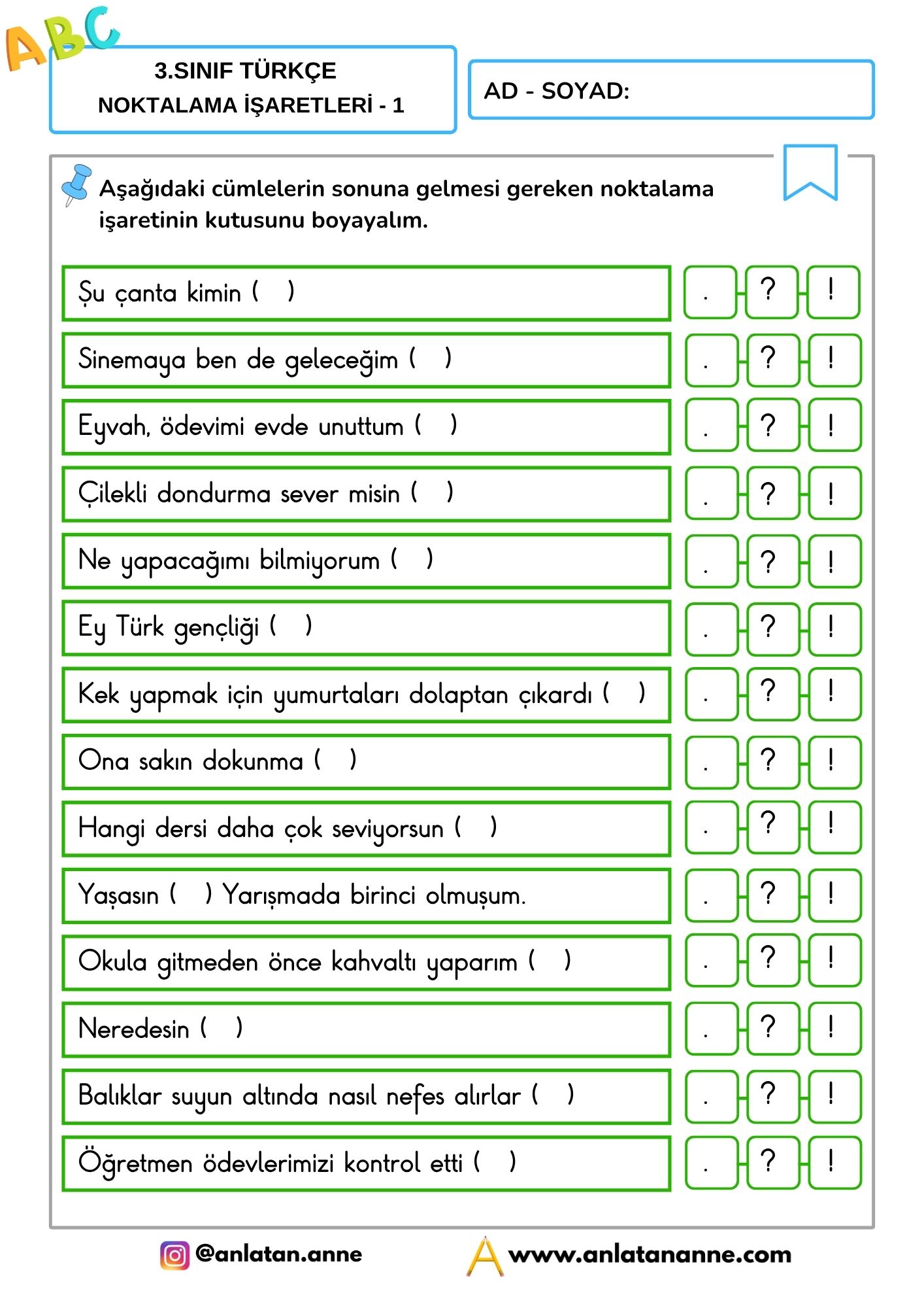3. sınıf noktalama işaretleri