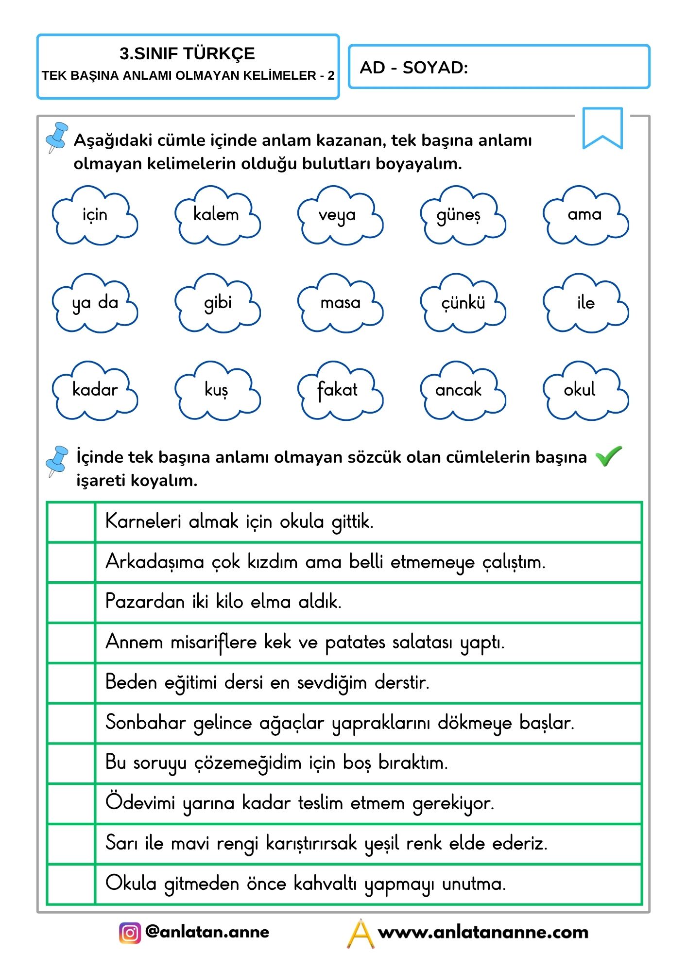 3. sınıf tek başına anlamı olmayan kelimeler