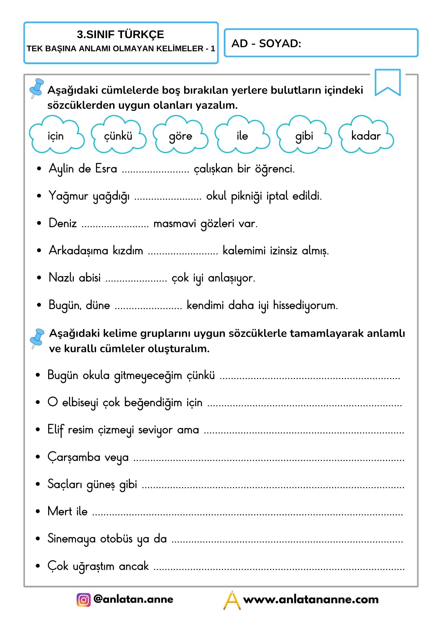 3. sınıf tek başına anlamı olmayan kelimeler