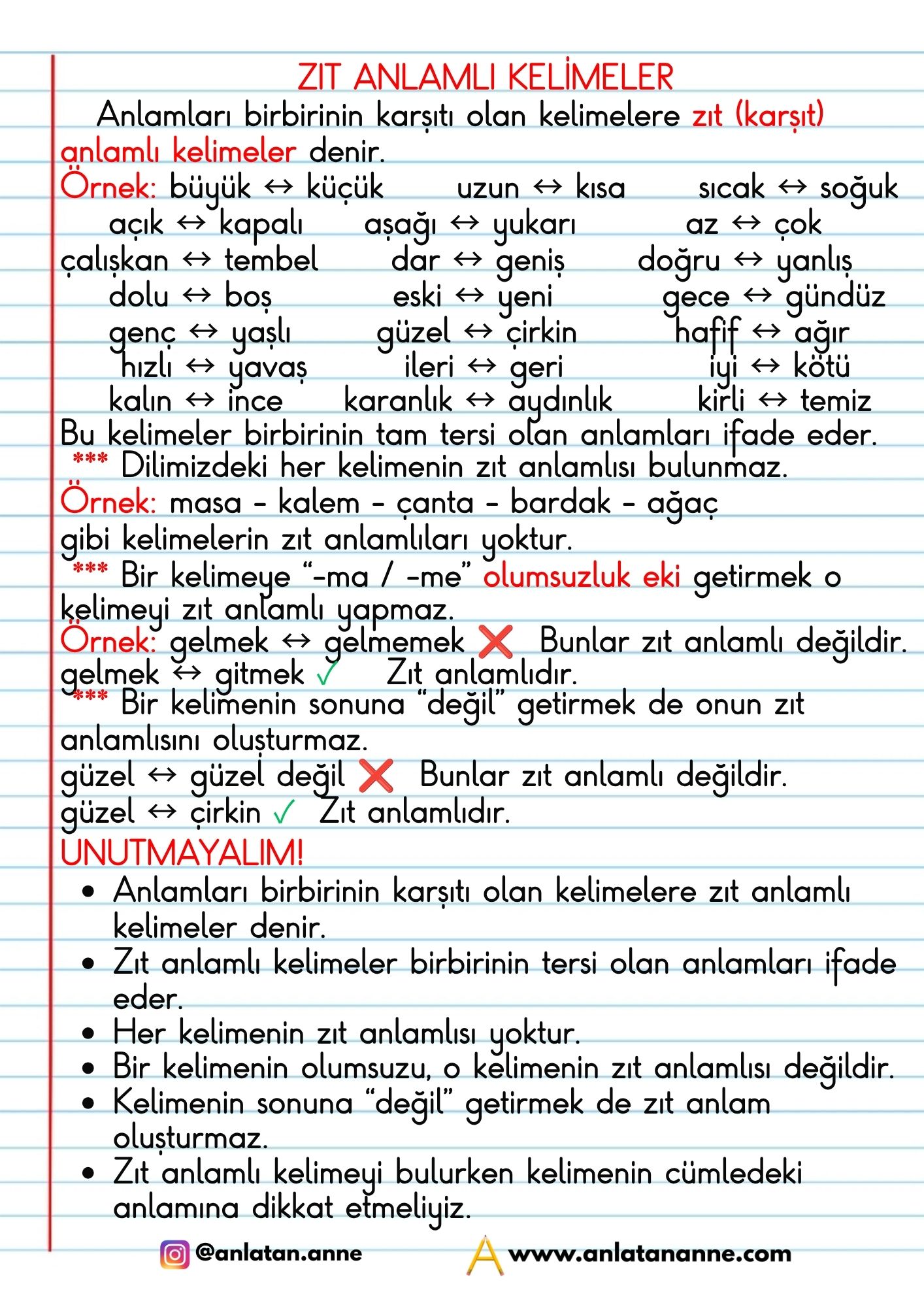 3. sınıf zıt anlamlı kelimeler defter notu