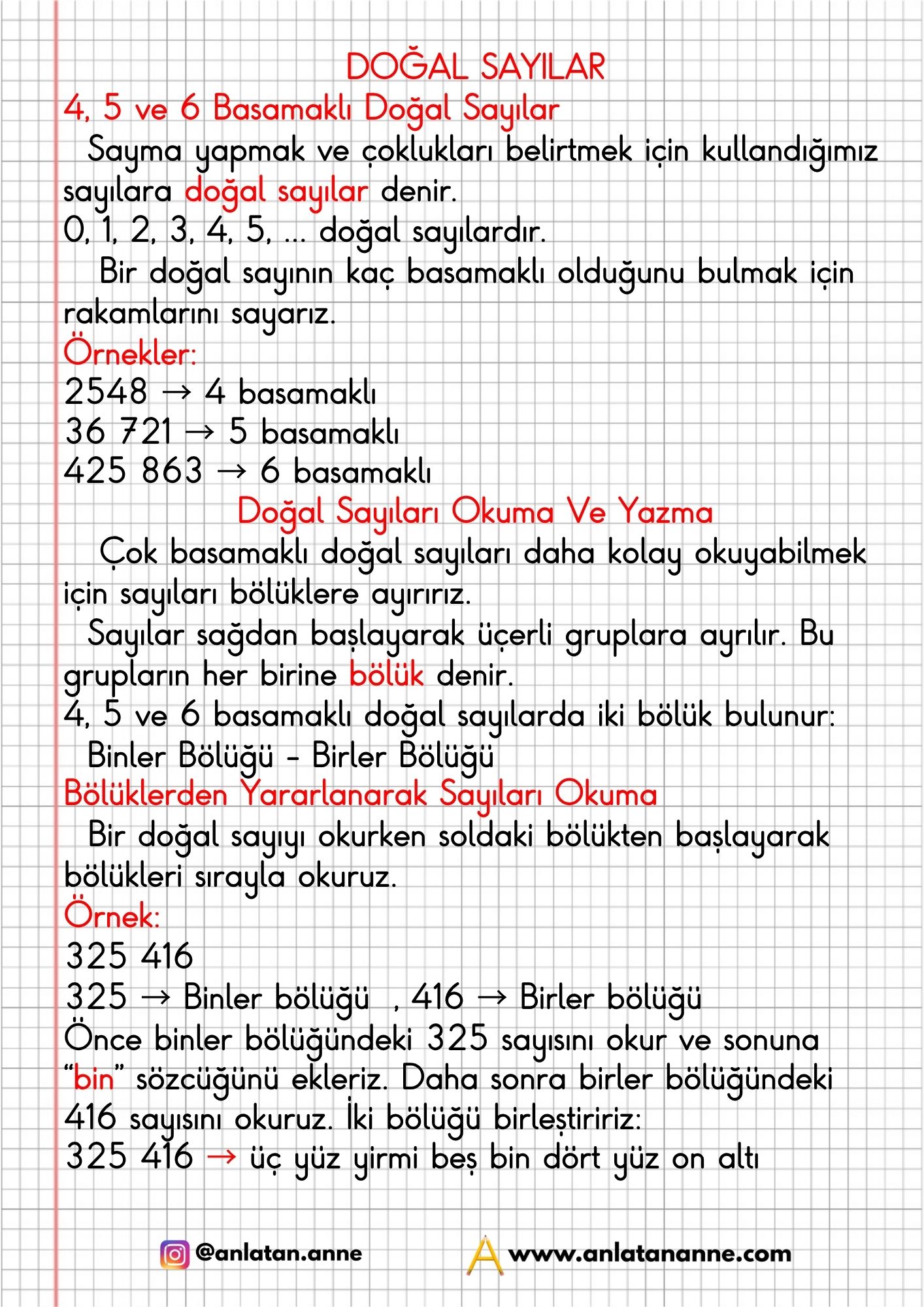 4. sınıf doğal sayıları okuma ve yazma defter notu
